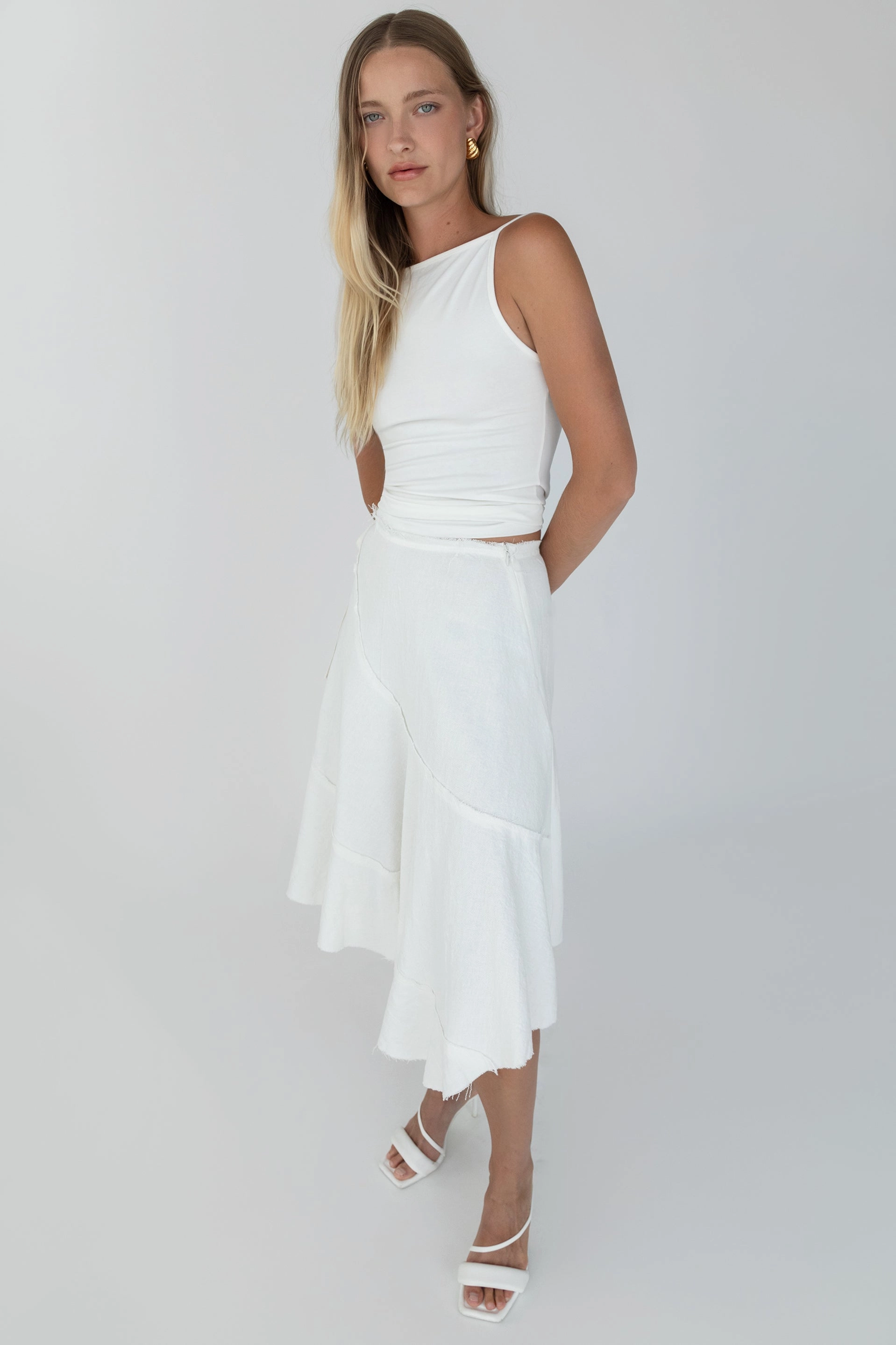 Breezy Flow Layered Structure RAW EDGE KNEE-LENGTH SKIRT