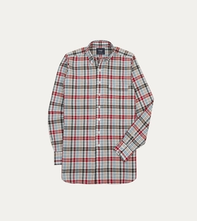 Red and Black Madras Check Cotton Button-Down Shirt Work Appropriate Flexible Mobility