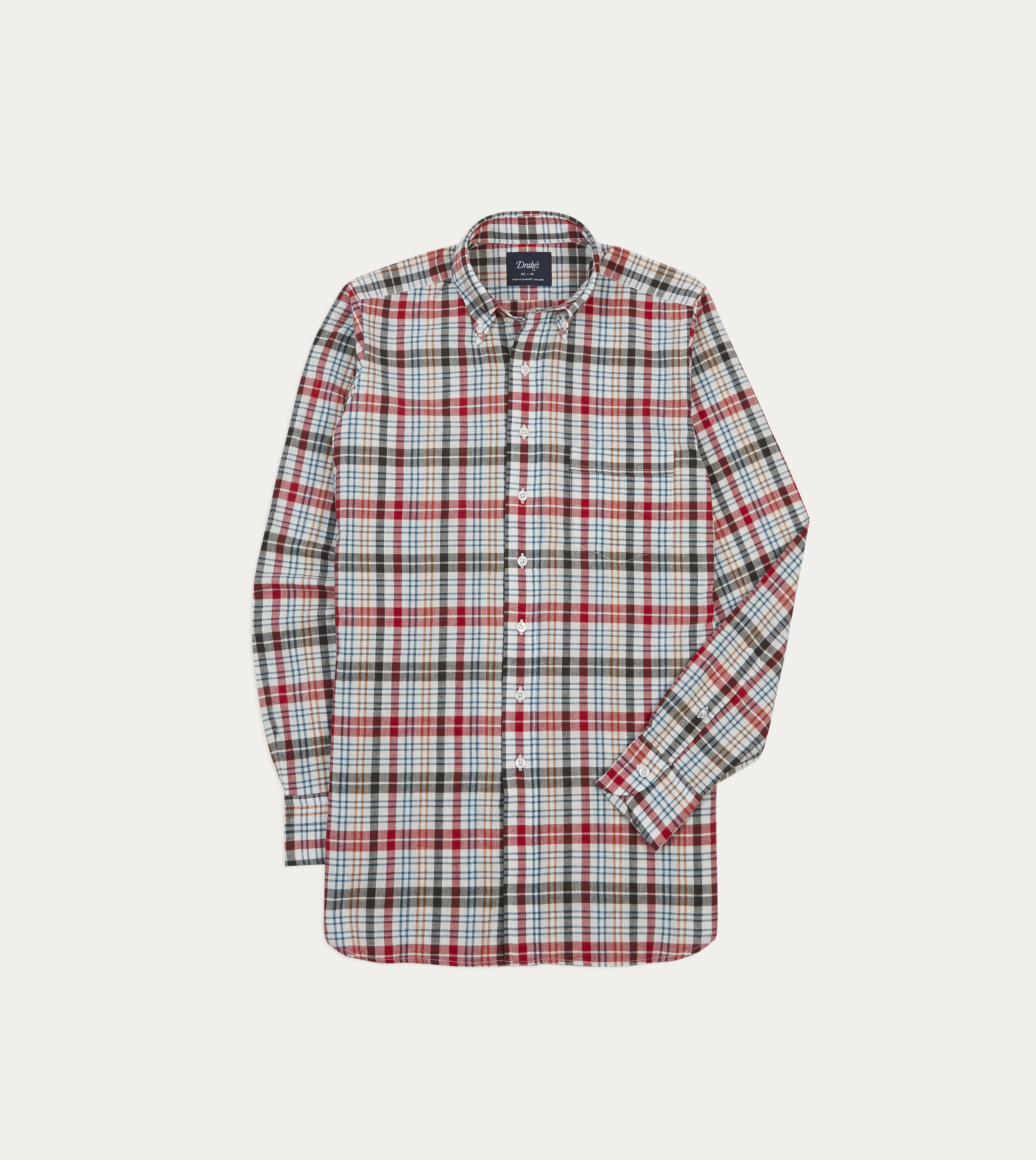 Red and Black Madras Check Cotton Button-Down Shirt Work Appropriate Flexible Mobility