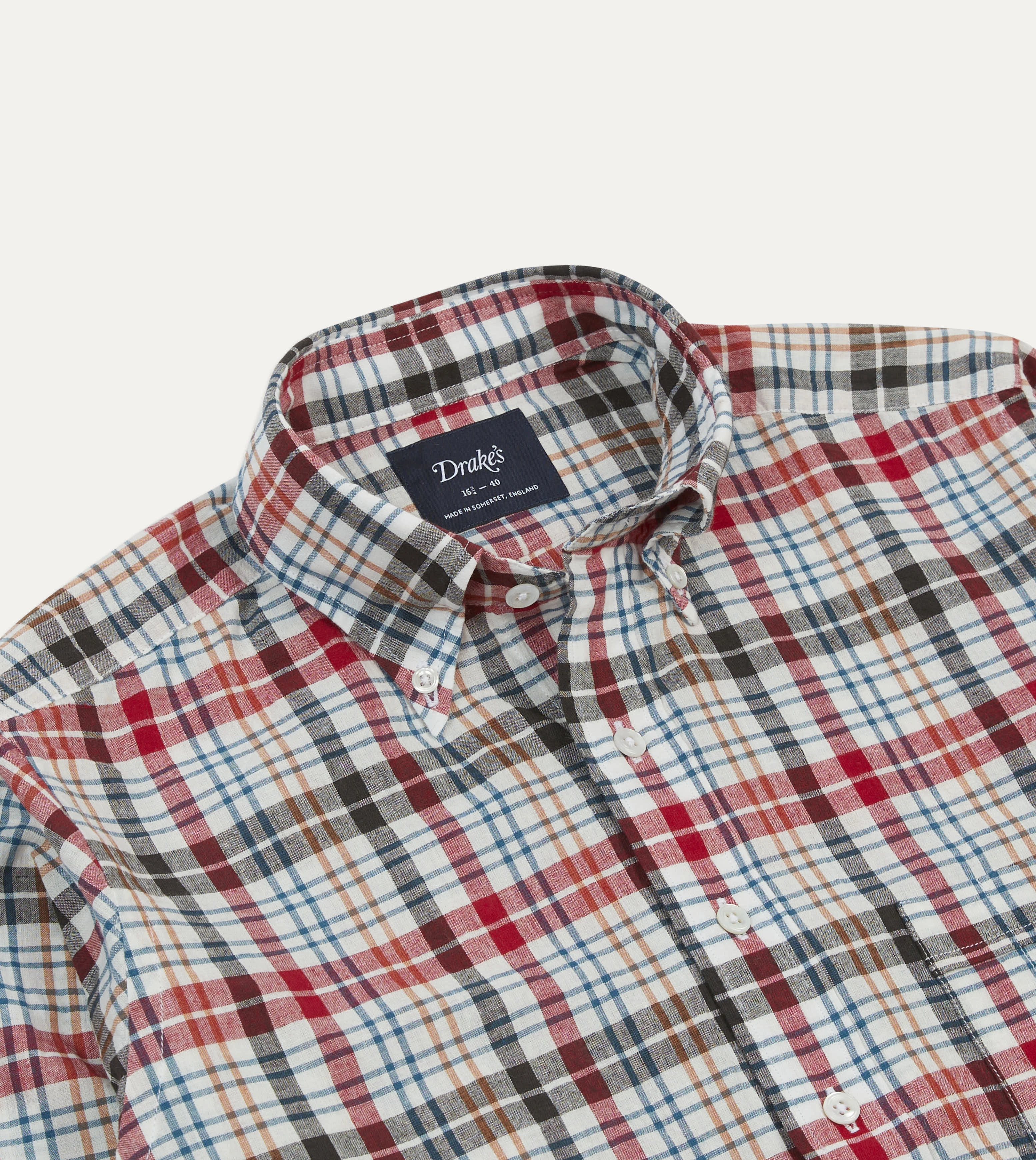 Red and Black Madras Check Cotton Button-Down Shirt Floral Motif