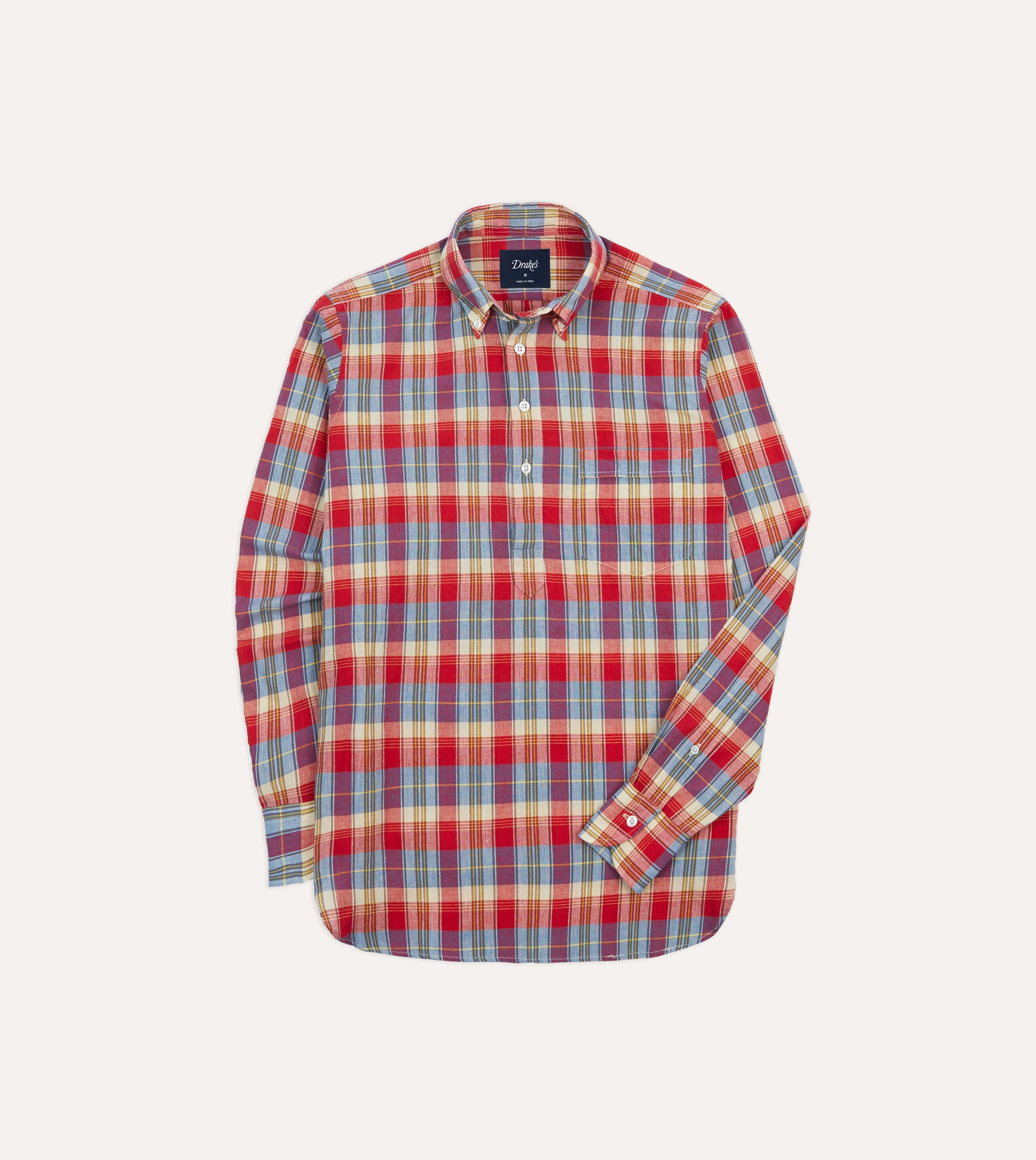 vacation wear Red and Blue Madras Check Cotton Button-Down Popover Shirt