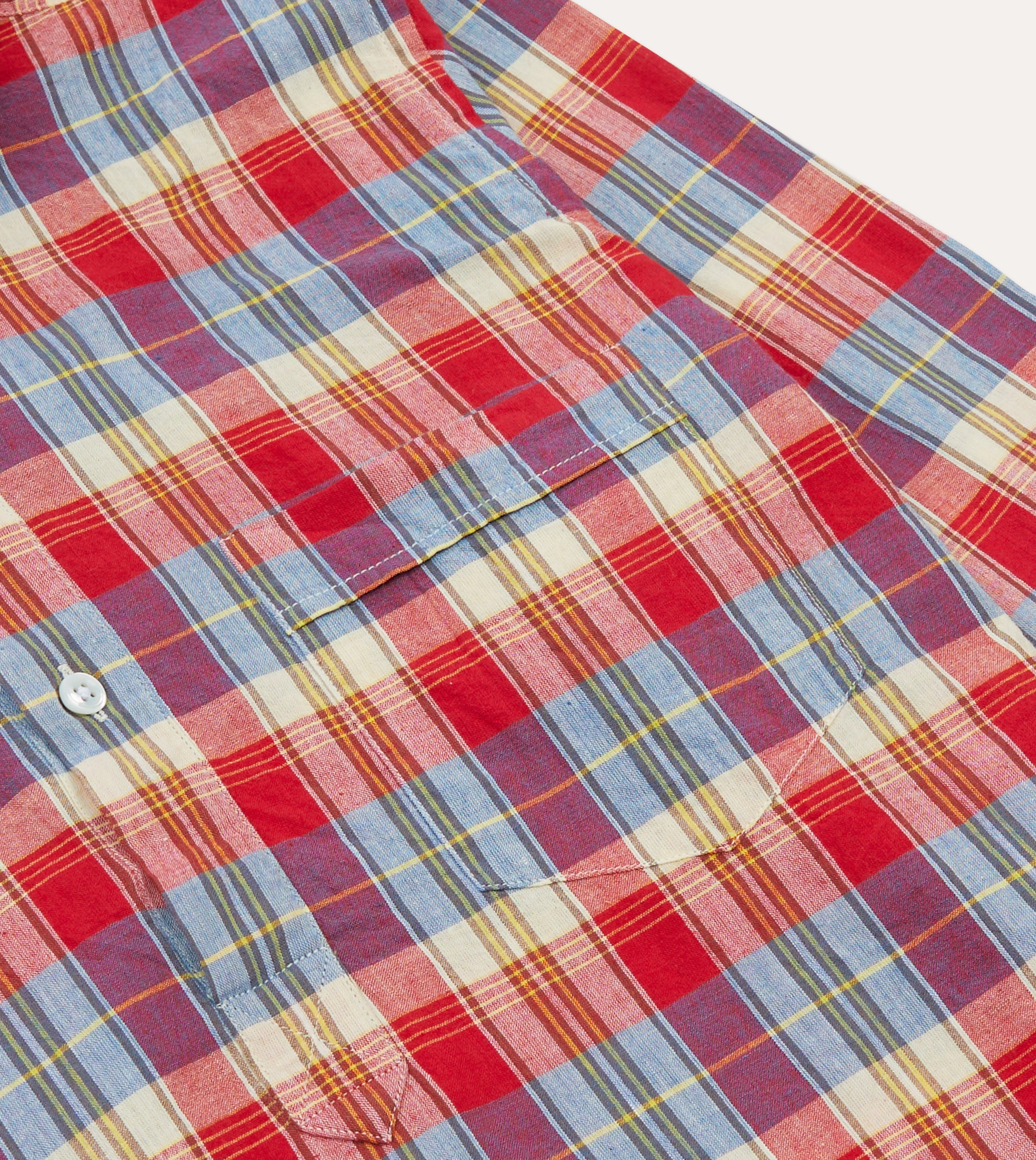 Red and Blue Madras Check Cotton Button-Down Popover Shirt Printed Pattern