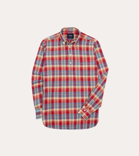 vacation wear Red and Blue Madras Check Cotton Button-Down Popover Shirt