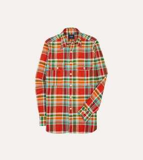 Red and Green Madras Check Cotton-Linen Two-Pocket Work Shirt Anti Cling Fabric Multi Functional Pockets