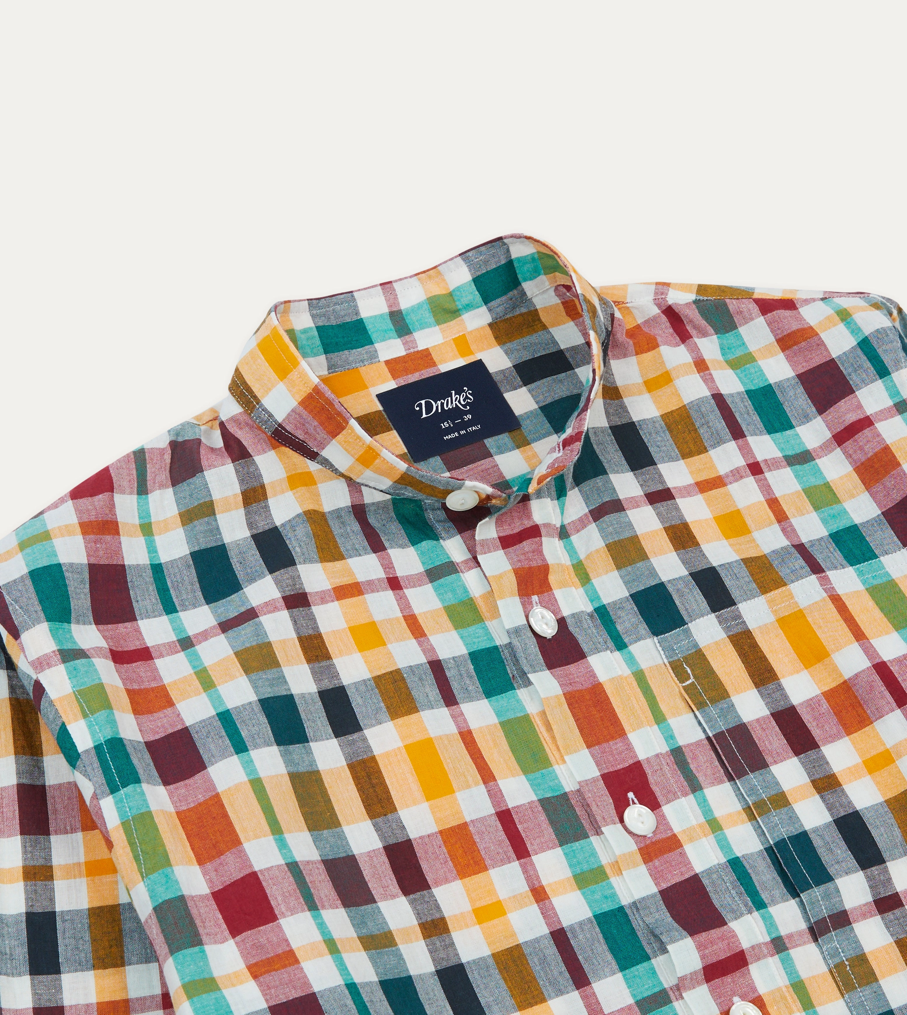 Red, Blue and Green Madras Check Cotton Mandarin Collar Popover Shirt Classic Comfort Classic Collar