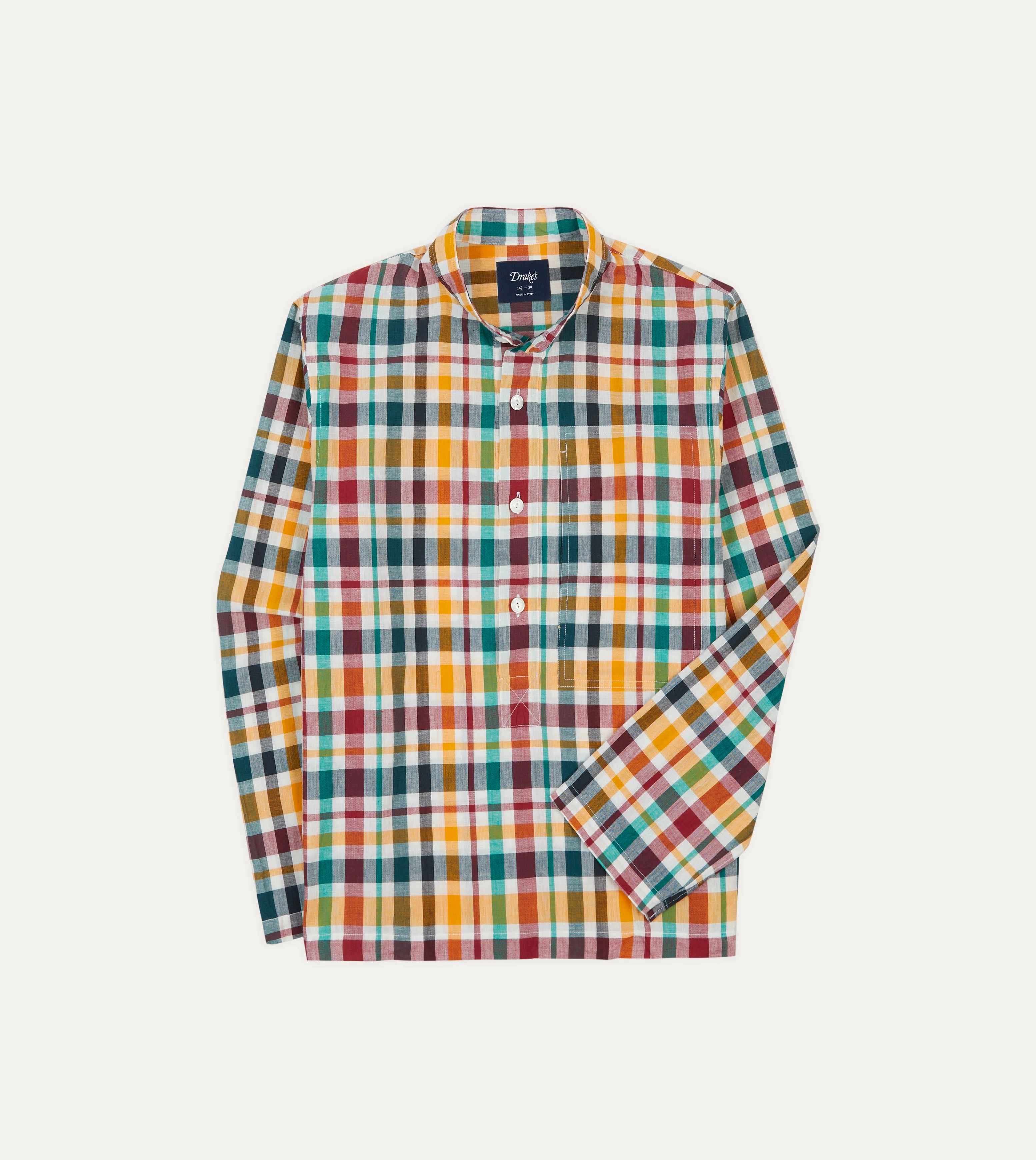 Red, Blue and Green Madras Check Cotton Mandarin Collar Popover Shirt Moisture Management Tech