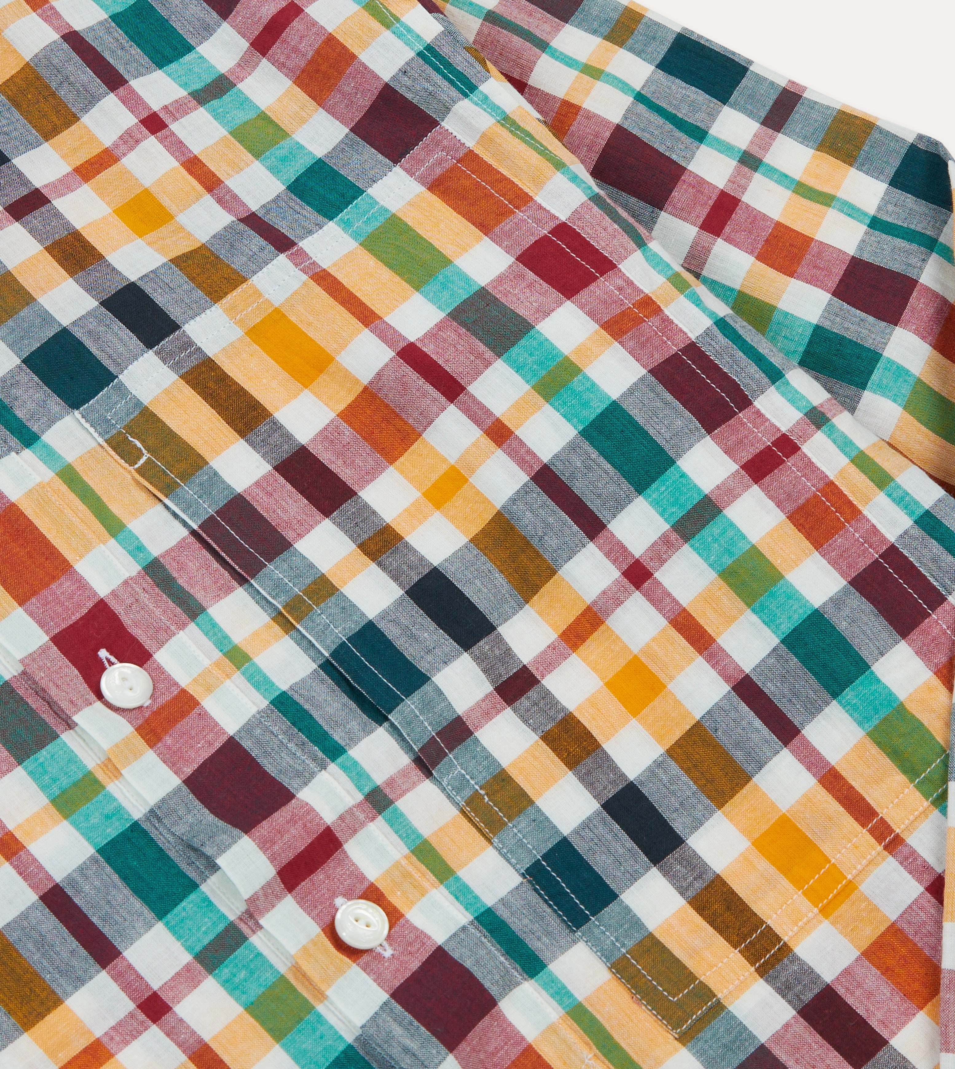 Functional Pocket Red, Blue and Green Madras Check Cotton Mandarin Collar Popover Shirt