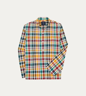 Red, Blue and Green Madras Check Cotton Mandarin Collar Popover Shirt Moisture Management Tech