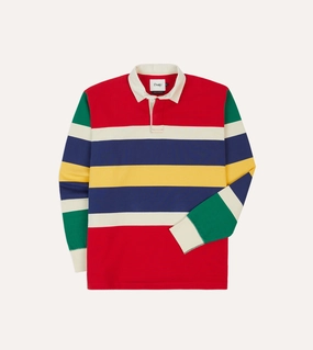Red, Yellow and Navy Multi Stripe Cotton Rugby Shirt Sleek Silhouette Casual Wear