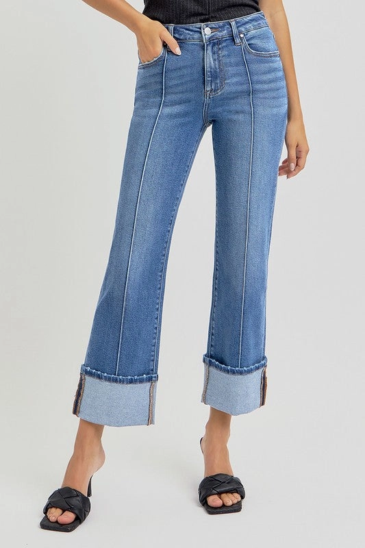 Risen Jeans High Rise Ankle Straight Wide Cuffed Jeans All Round Wear