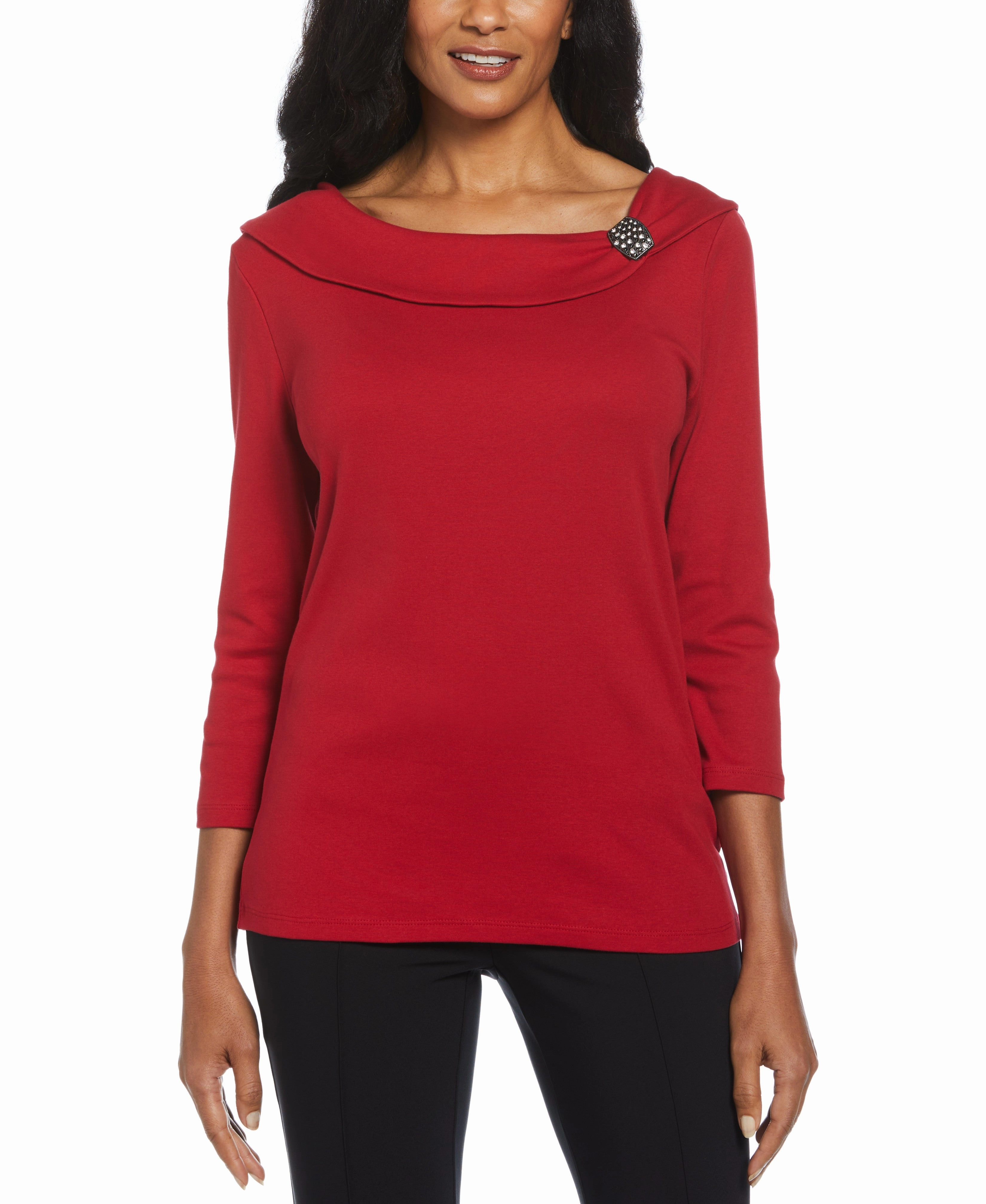 Cozy Essential Ribbed Marilyn Neck Top with Decorative Brooch