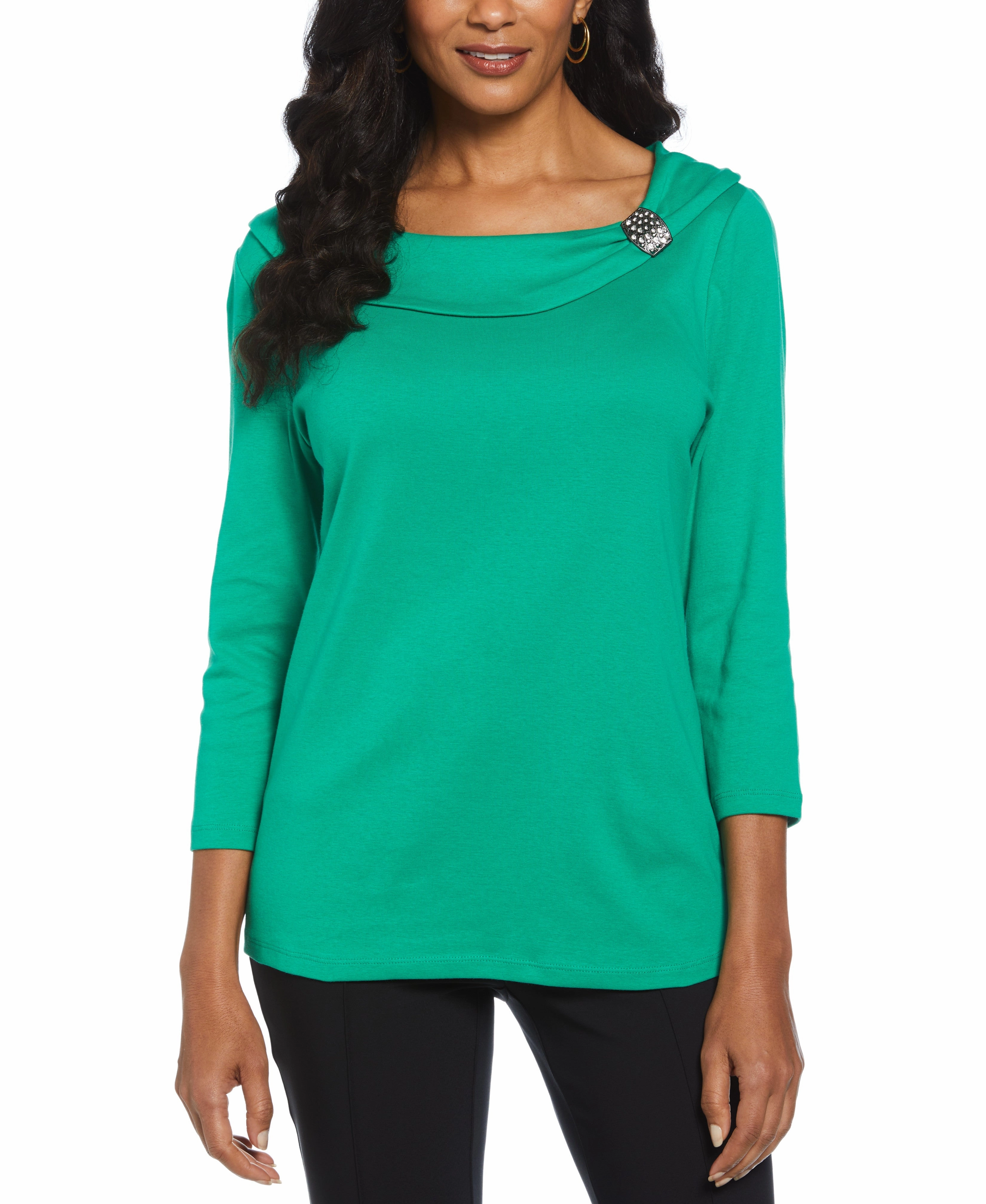 Ribbed Marilyn Neck Top with Decorative Brooch Perfect Wear