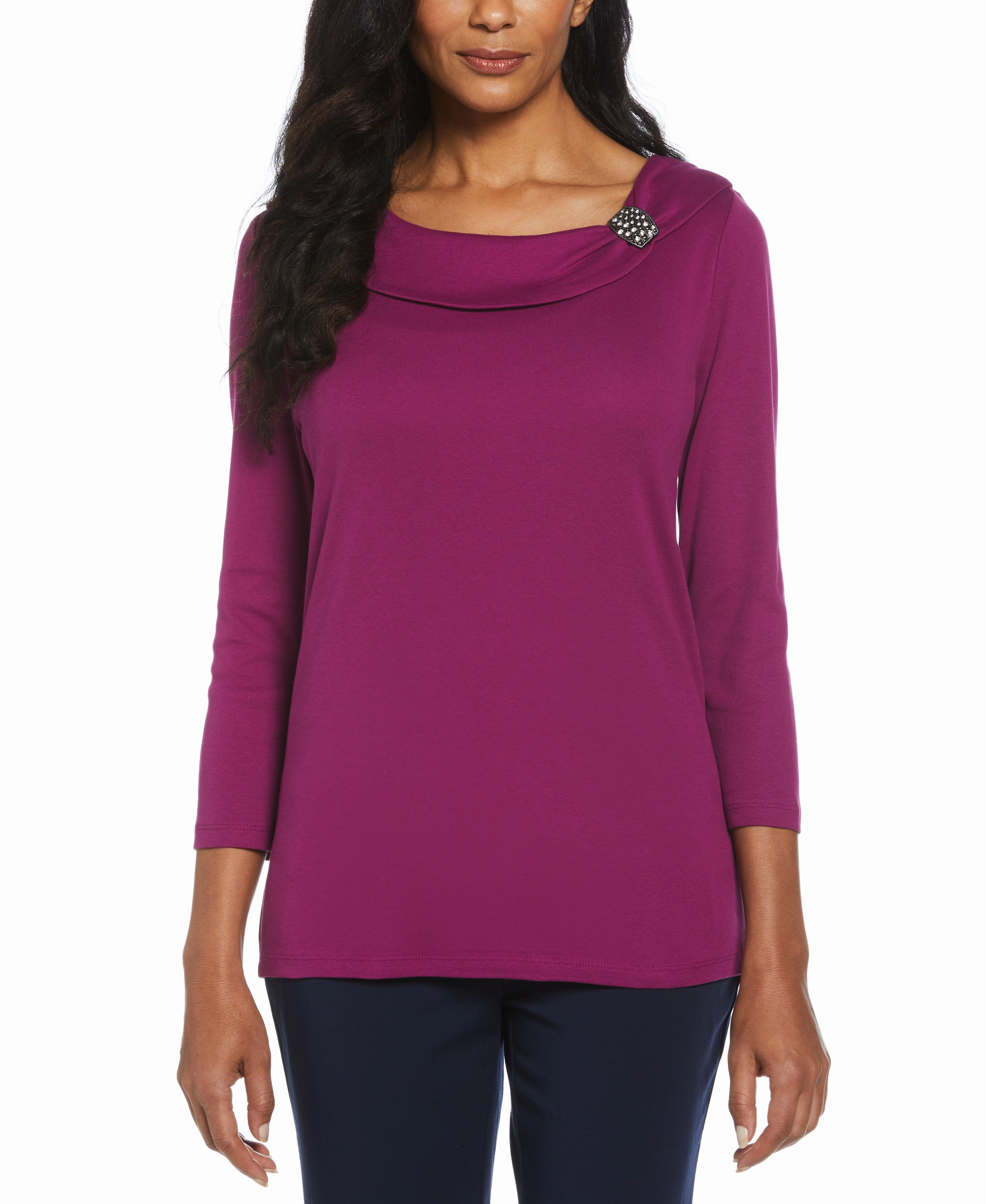 Ribbed Marilyn Neck Top with Decorative Brooch Cold-Weather Essential