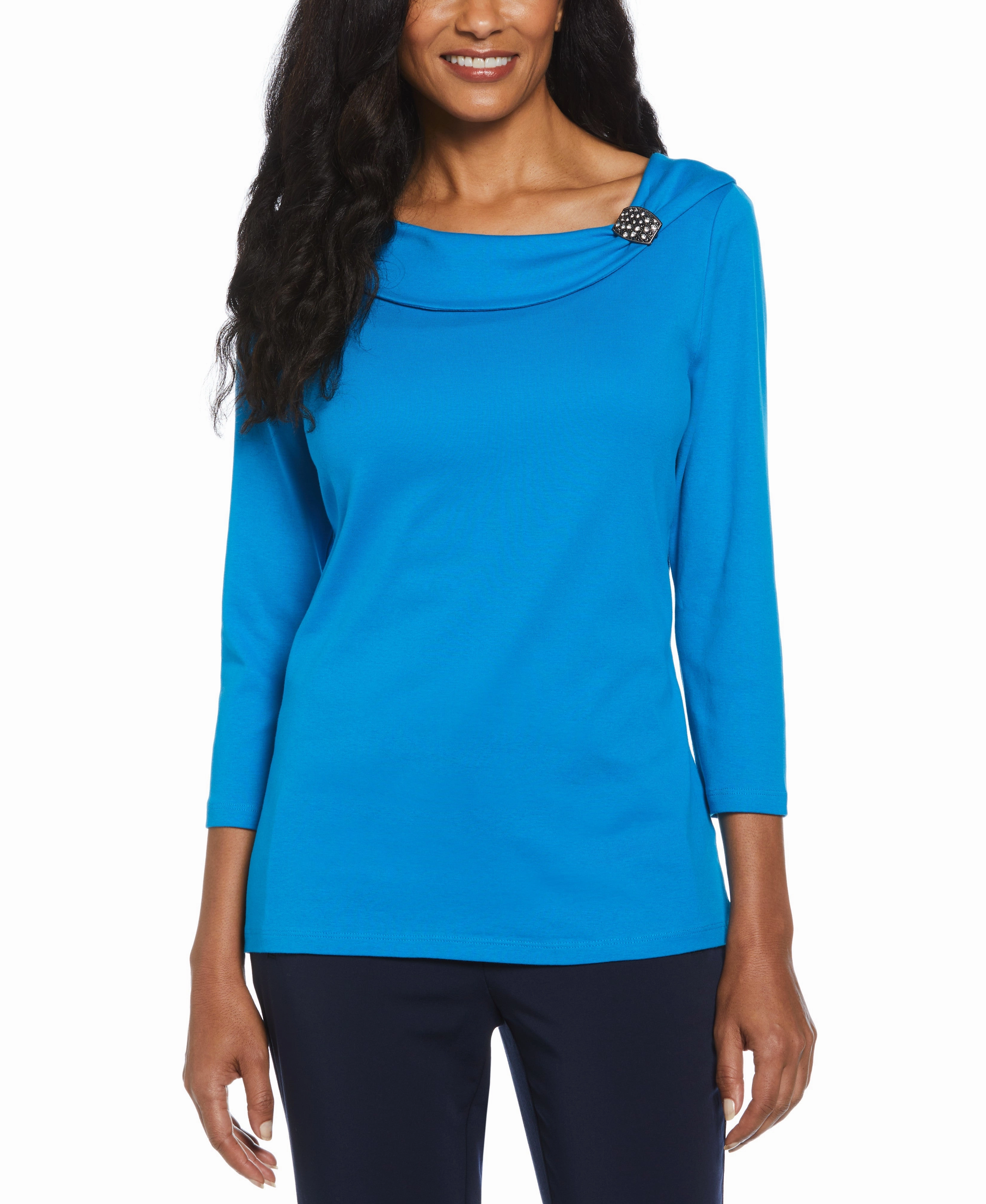 Ribbed Marilyn Neck Top with Decorative Brooch Light and Cozy Quick Fit Stretch