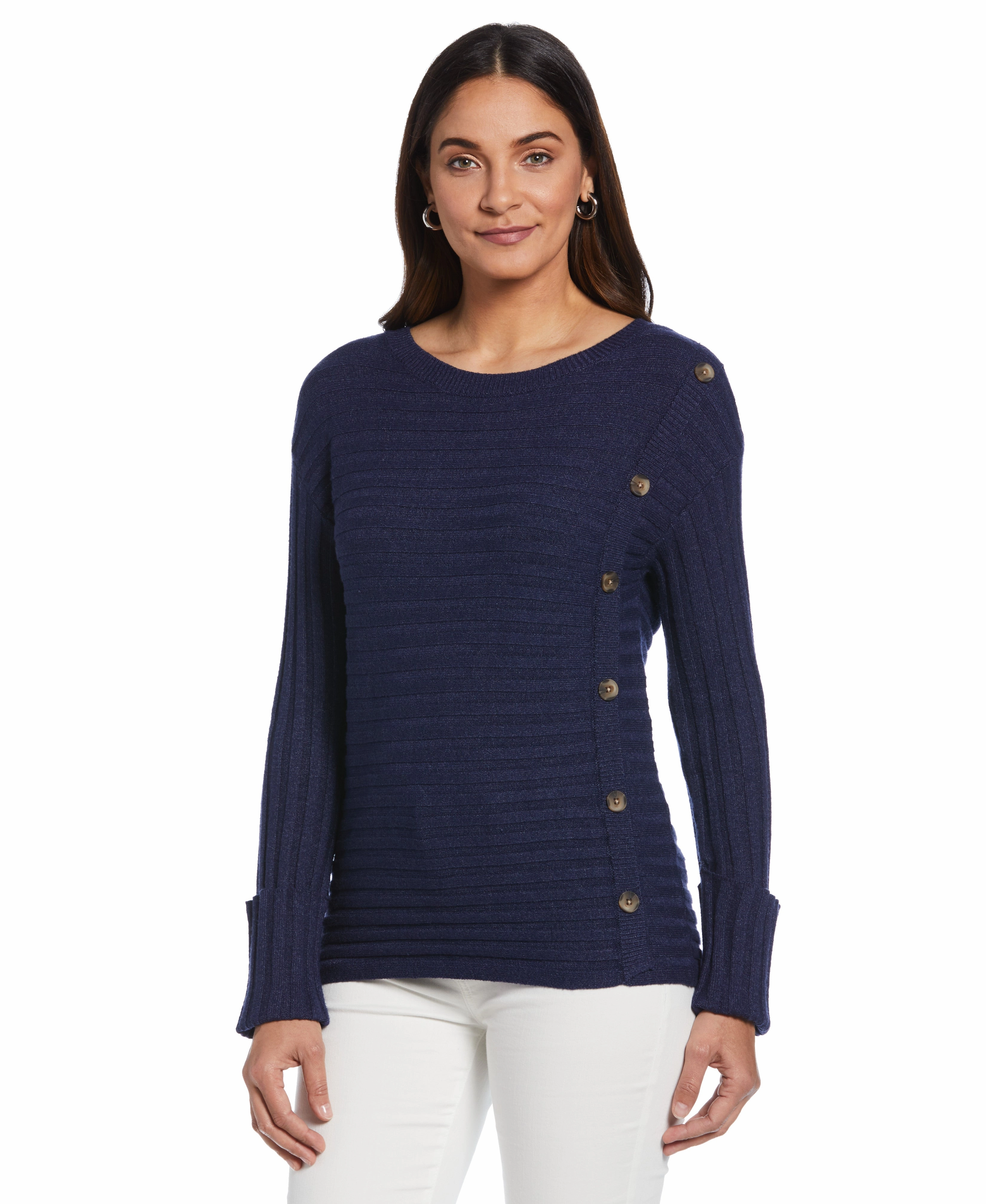 Ribbed Sweater with Button Detail All-Purpose Knit Performance Comfort Fit