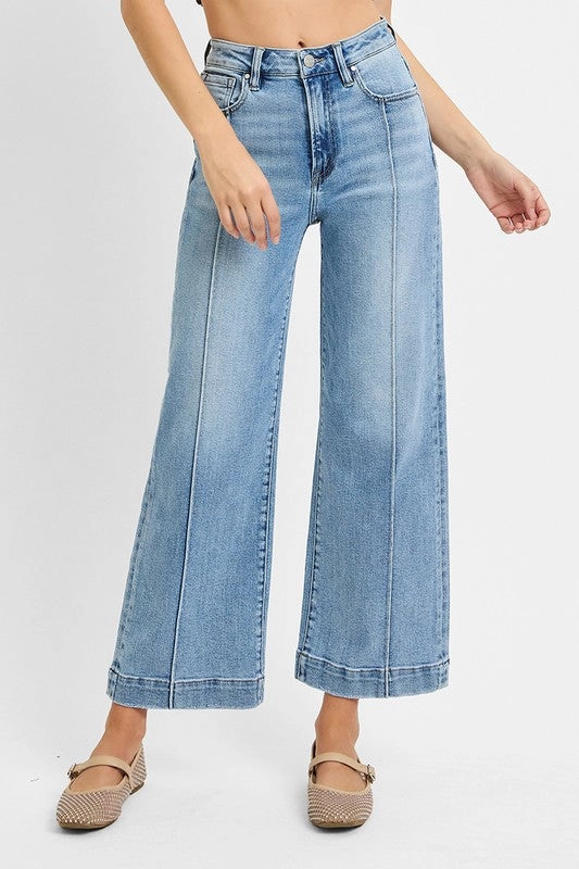 Sleek Waist Comfort Stretch Technology Risen Jeans High Rise Crop Wide Jeans