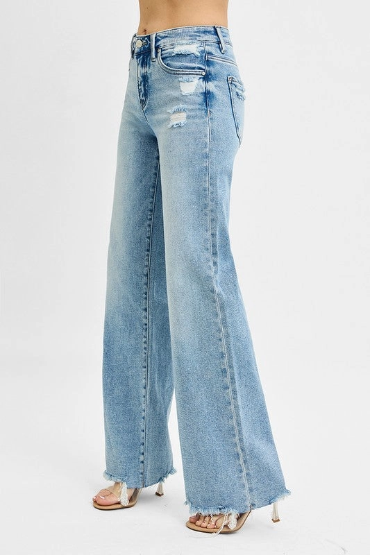 Lightweight Denim Blend Risen Jeans Tummy Control Mid Rise Wide Jeans