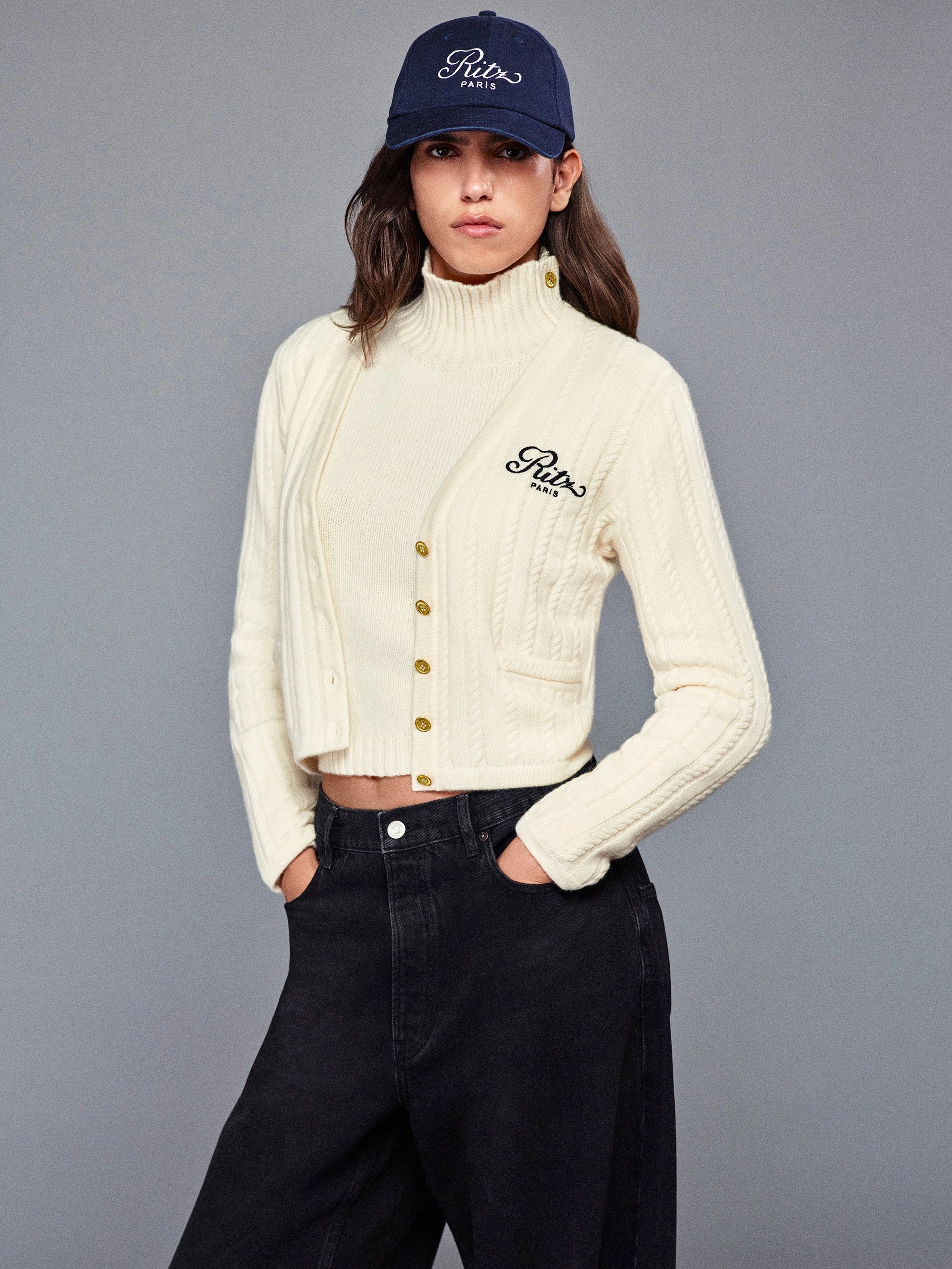 Ritz Cable Cardigan -- Cream Functional Style Knit Look