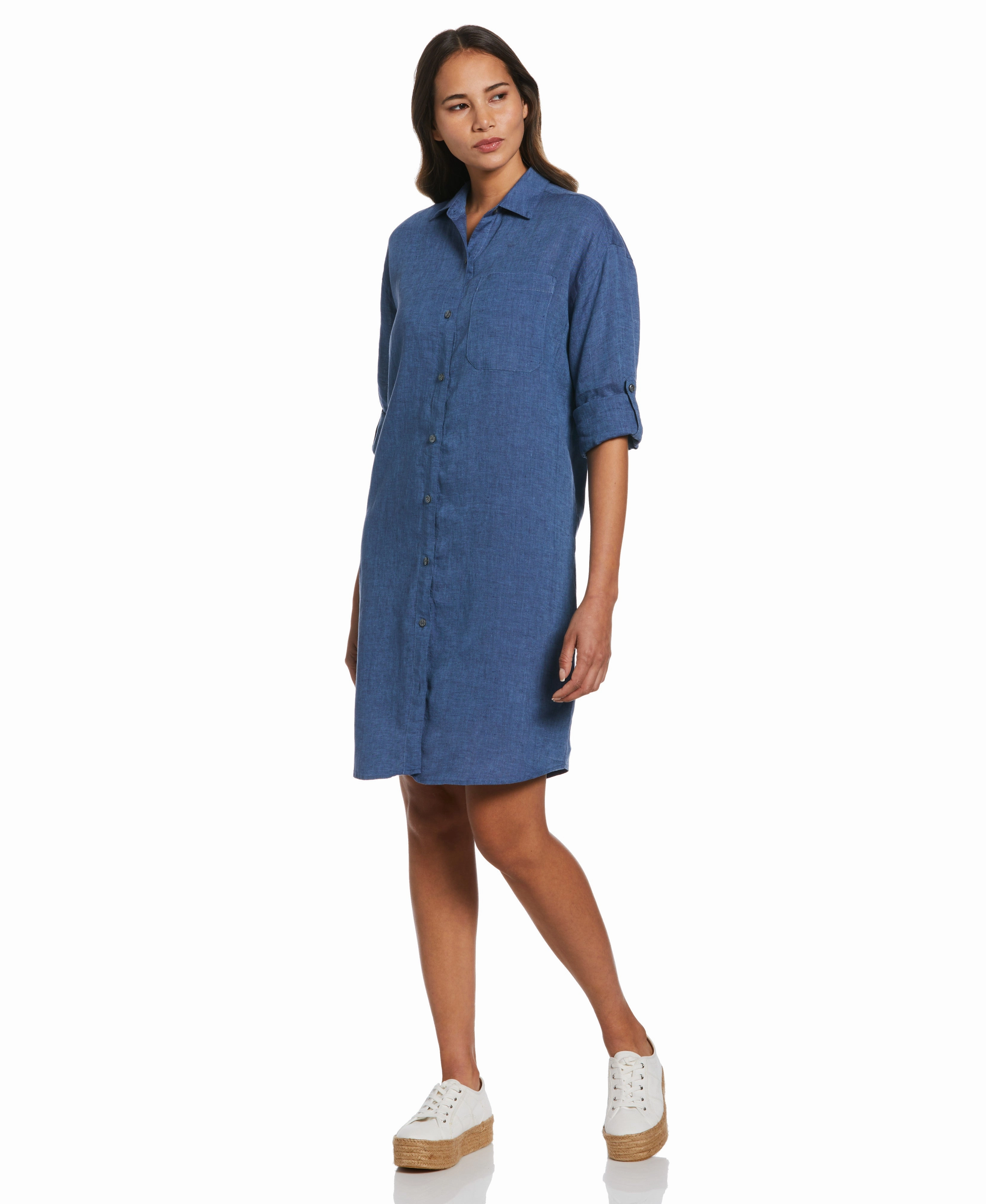 Active Wear Everyday Comfort Wear Roll Sleeve Linen Shirt Dress