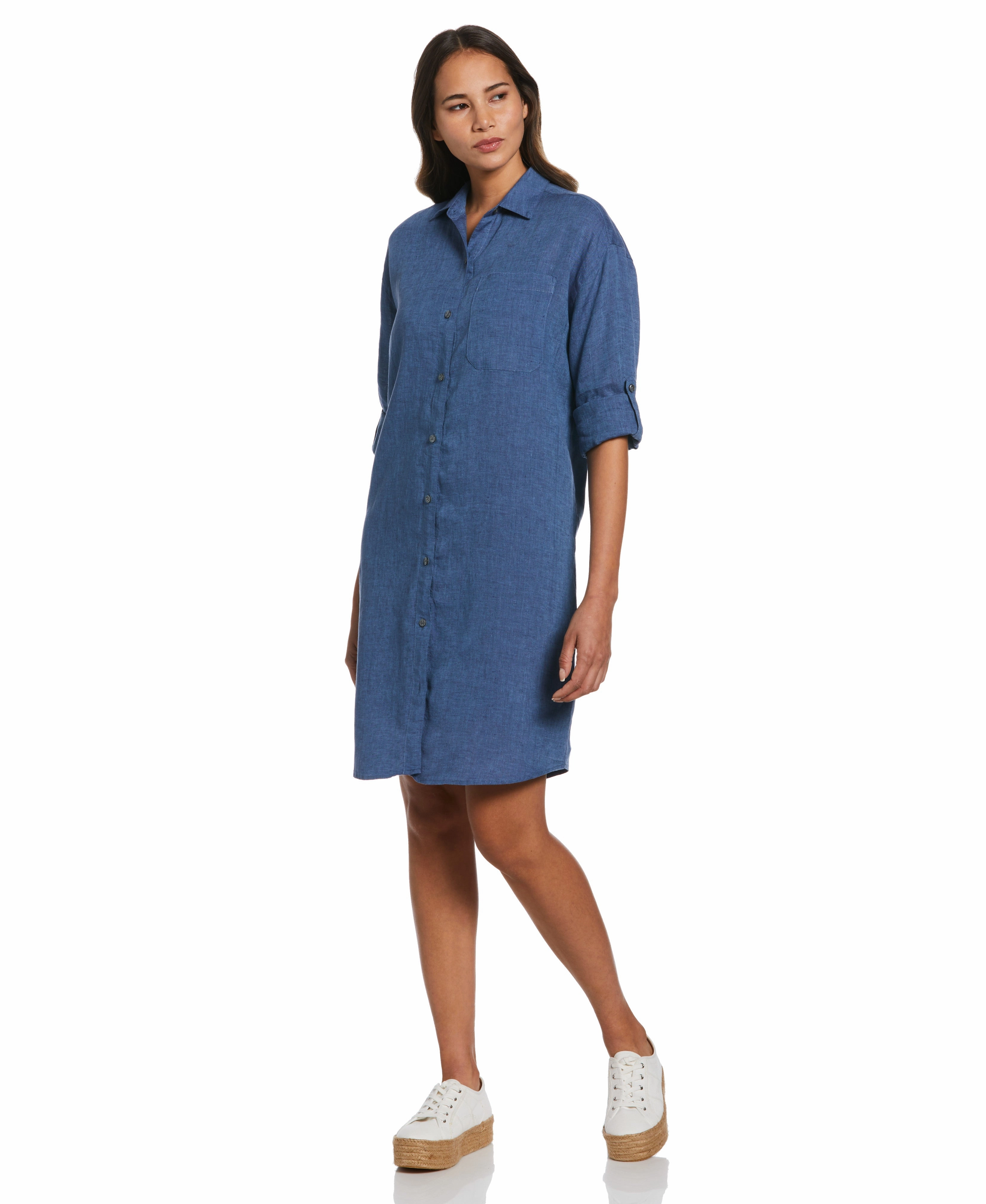 Snuggle Fit Comfy Knitwear Roll Sleeve Linen Shirt Dress