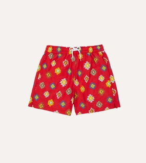Breathable Performance Red Kilim Print Nylon Drawstring Swim Shorts