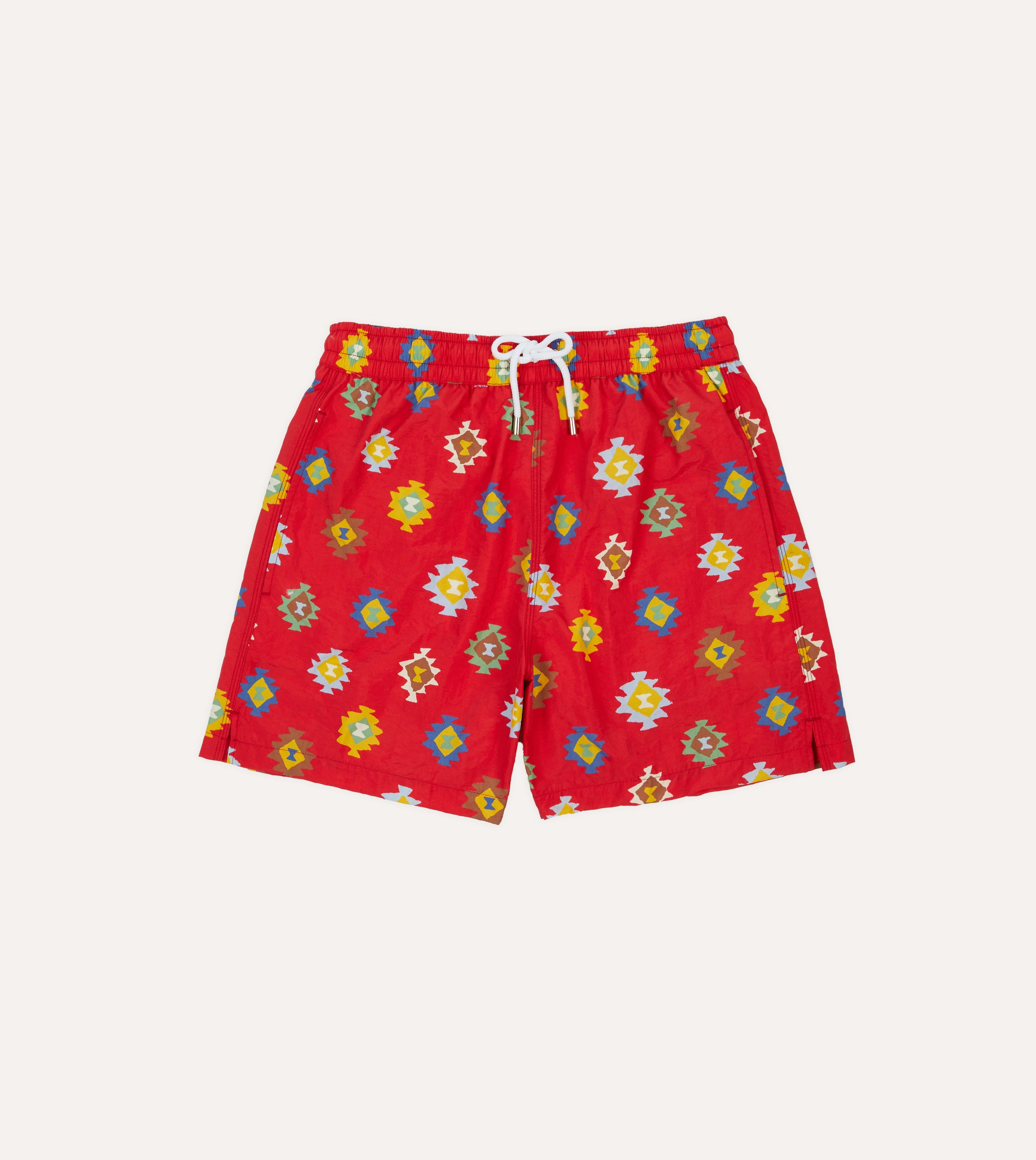 Breathable Performance Red Kilim Print Nylon Drawstring Swim Shorts
