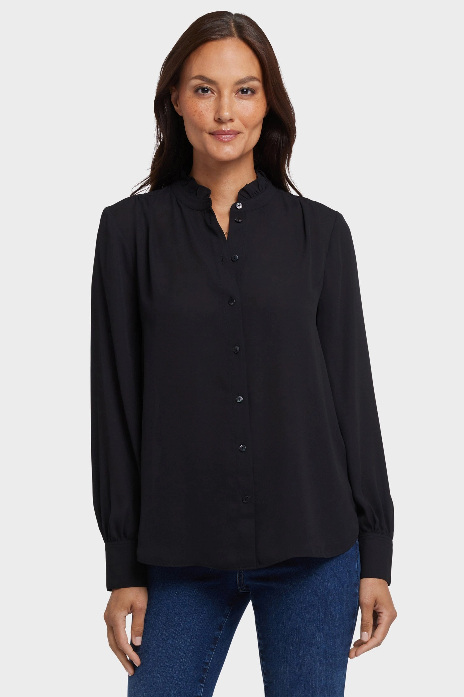Ruffle Neck Blouse - Black Linen blend Party Ready