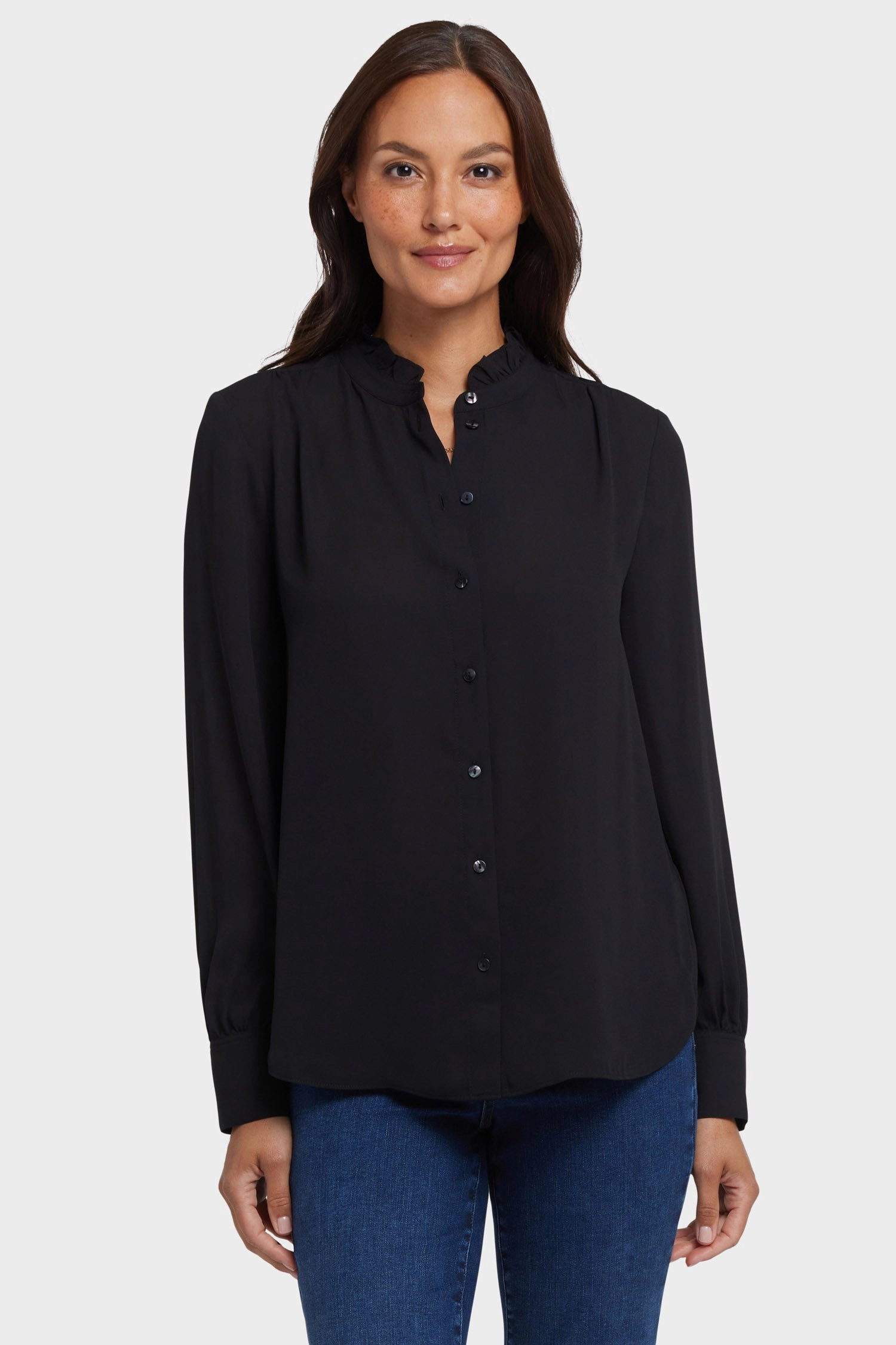 Ruffle Neck Blouse - Black Flex Fit Collar