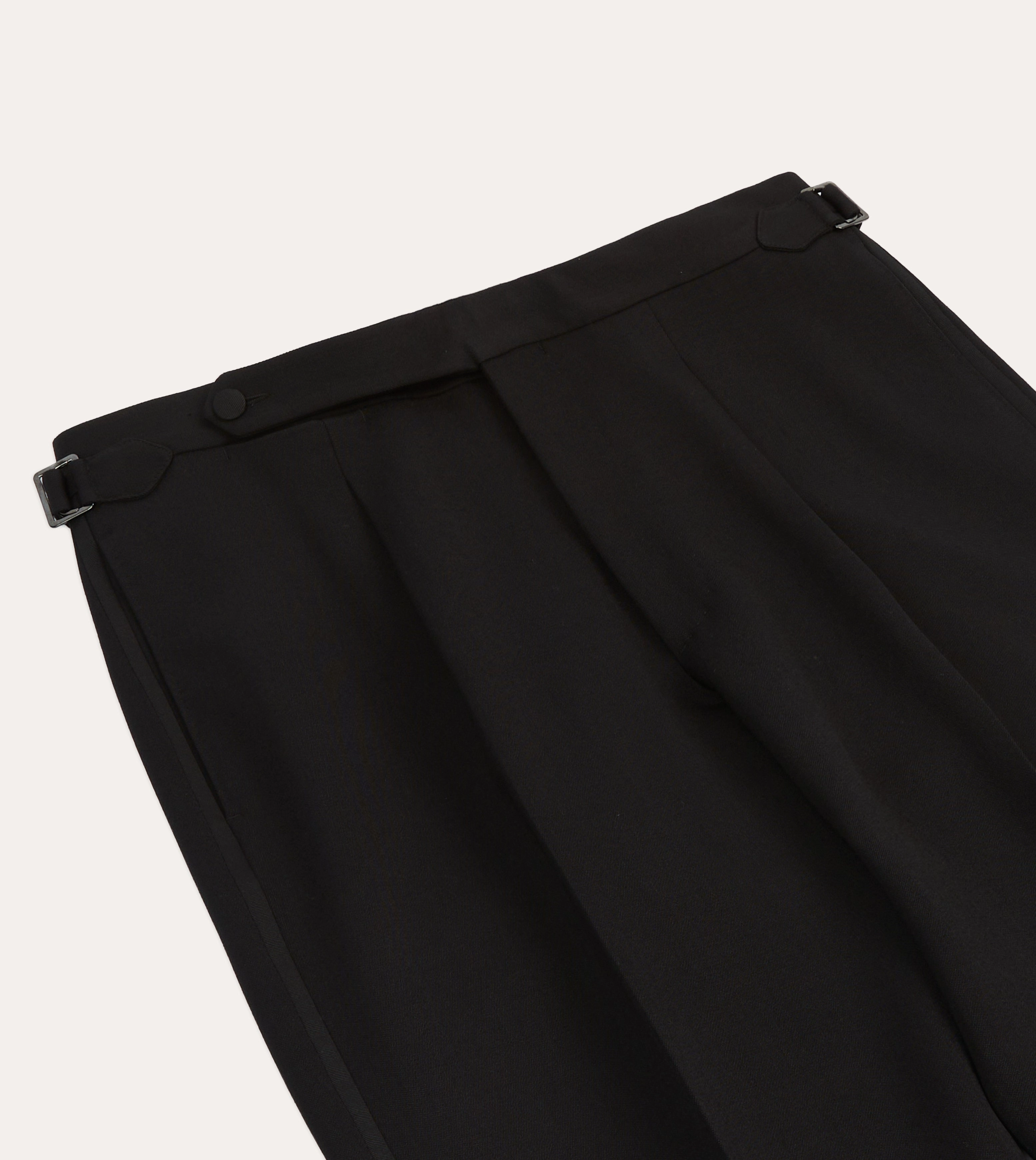 Black Barathea Wool Single Pleat Dinner Trousers HighRiseWaistband Layer Ready