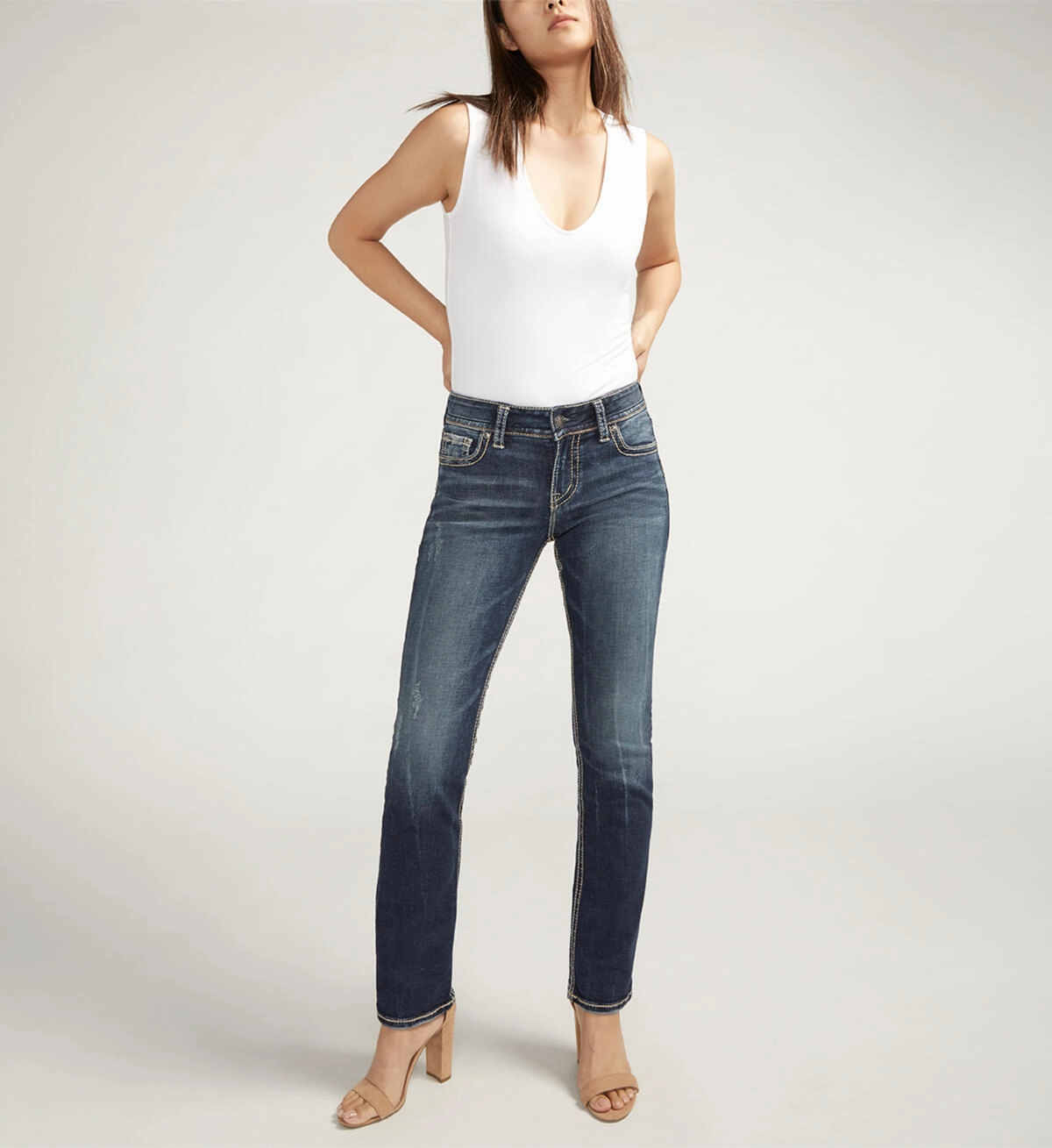 Silver Jeans Suki Mid Rise Straight Leg Jeans Smooth Texture Slim Smooth