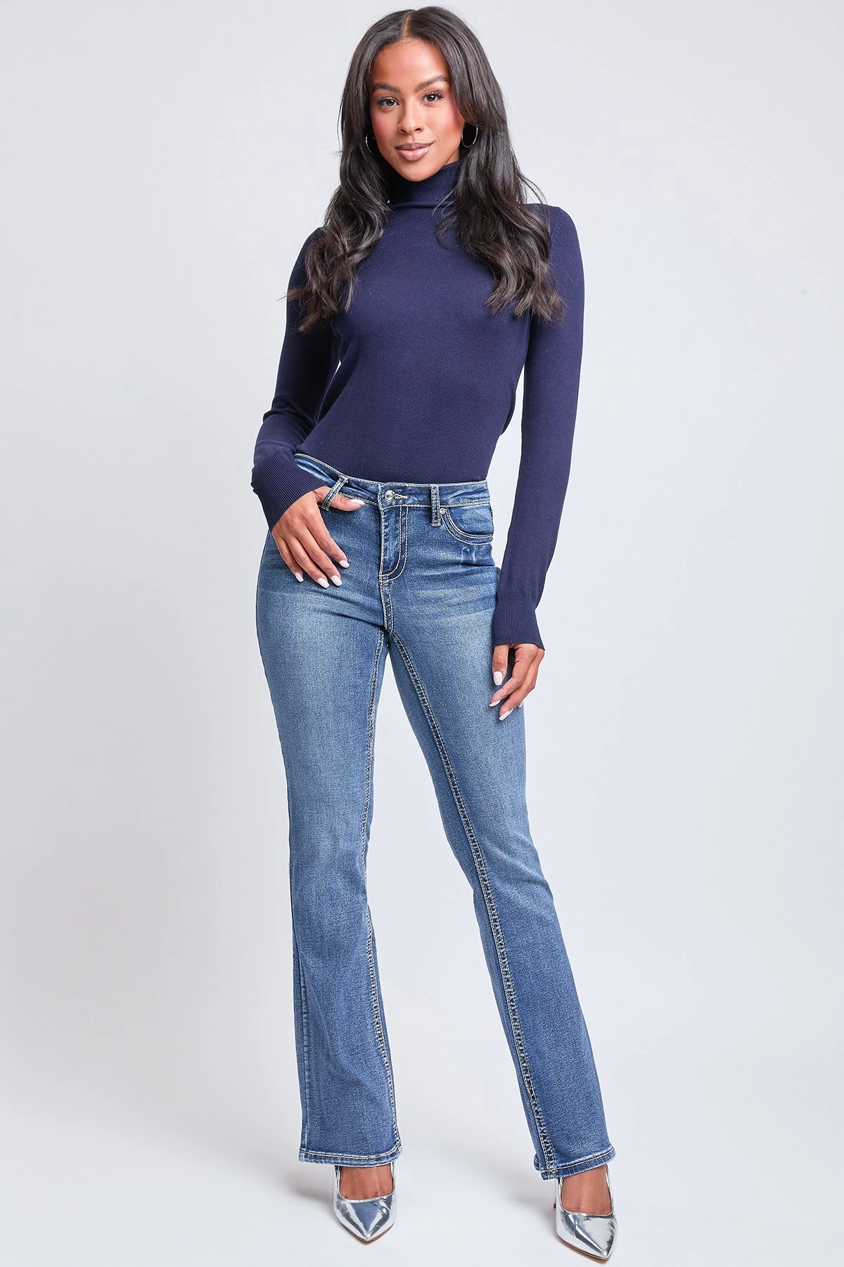 Contemporary Vibe Women's Mid Rise Heavy Stitch Bootcut Cross Studded Jeans