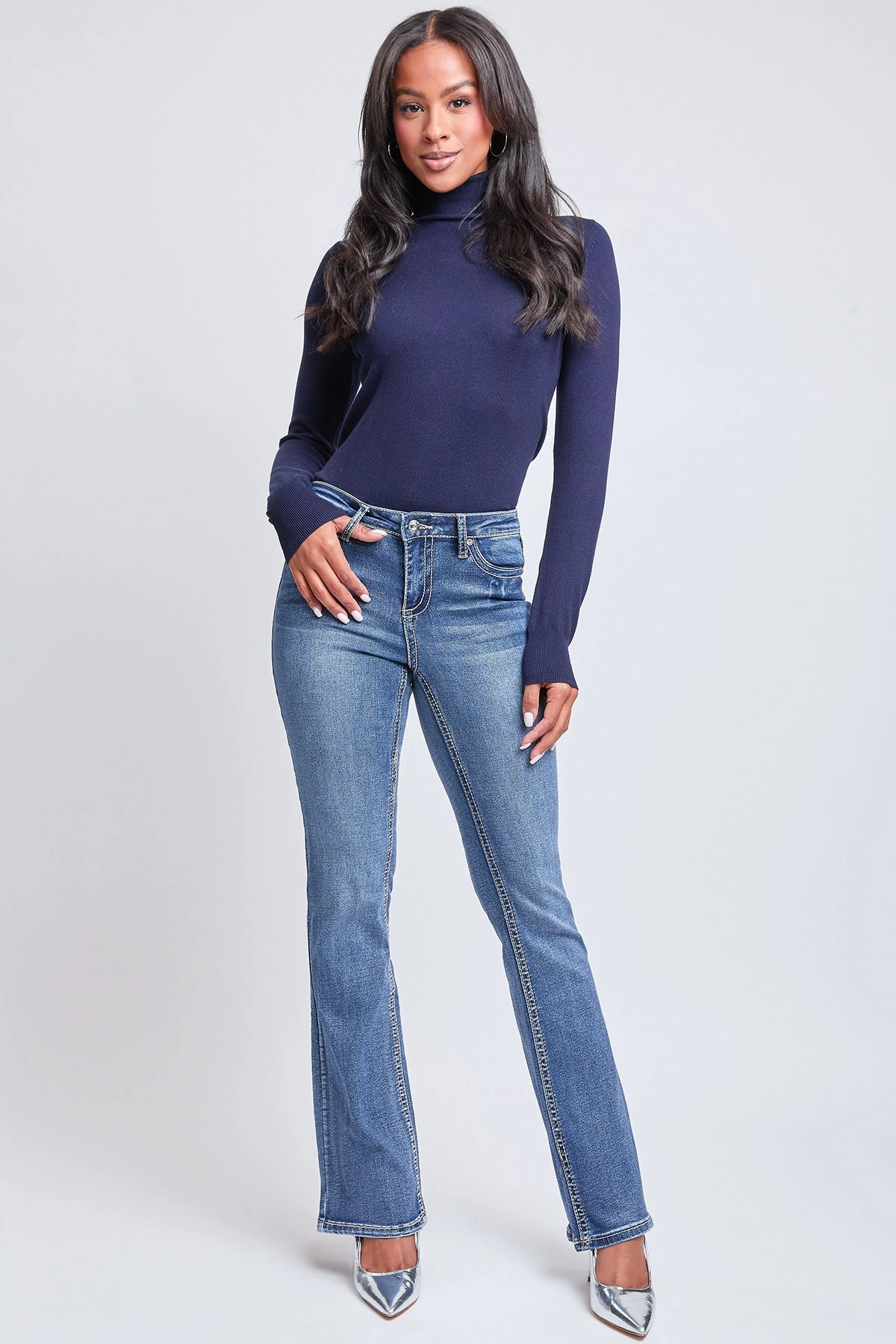 Women's Mid Rise Heavy Stitch Bootcut Cross Studded Jeans Breathable Denim Fashion Routine