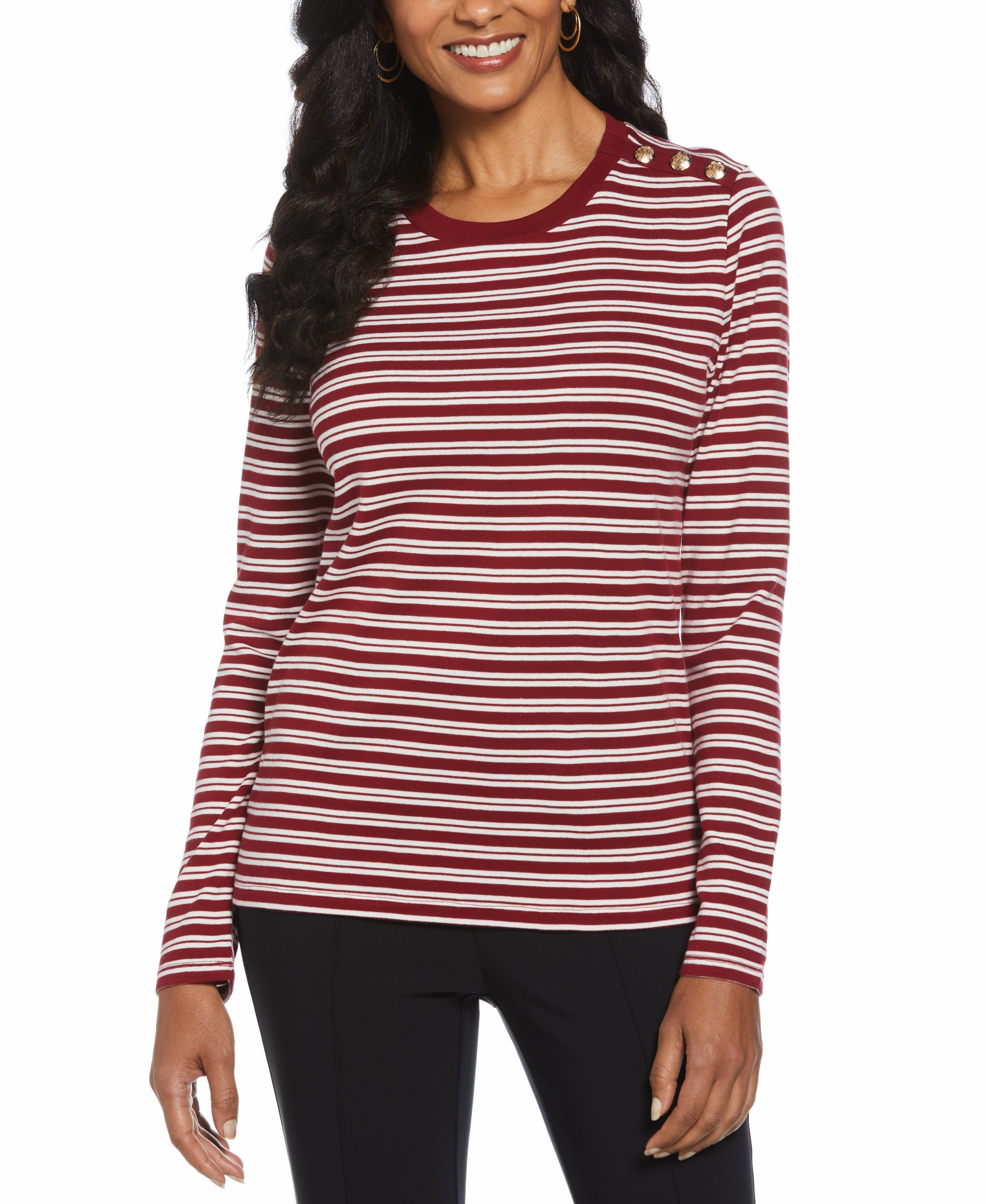 Candy Stripe Button Detail Top Casual Comfort Fit Simple Cozy