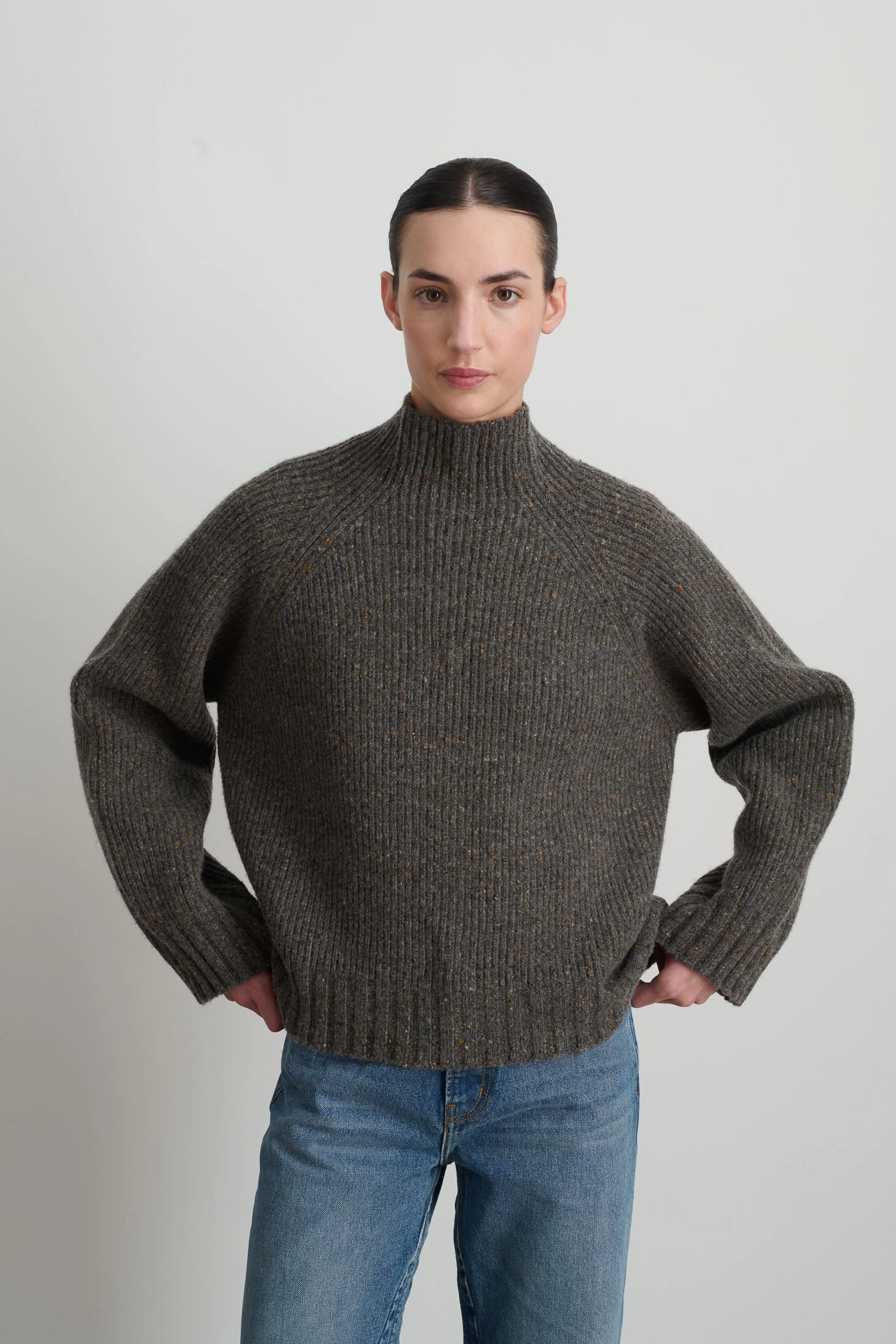 Funnel Neck Brown Donegal Knit Wear