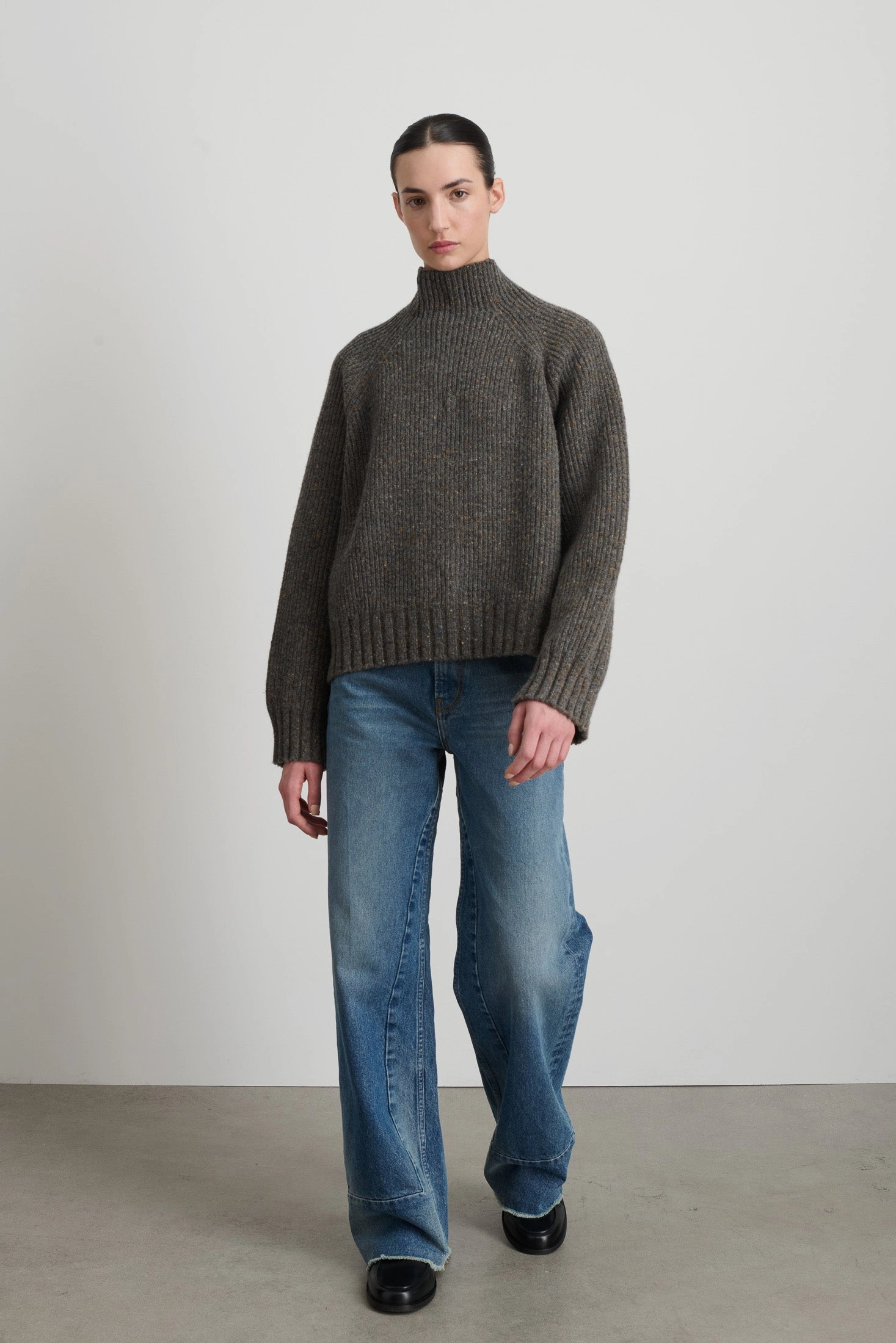 Soft and Stretchy Sporty Look Funnel Neck Brown Donegal