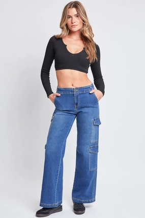 Women??s Wide Leg Double Cargo Jeans Button Fly Closure Light Fabric