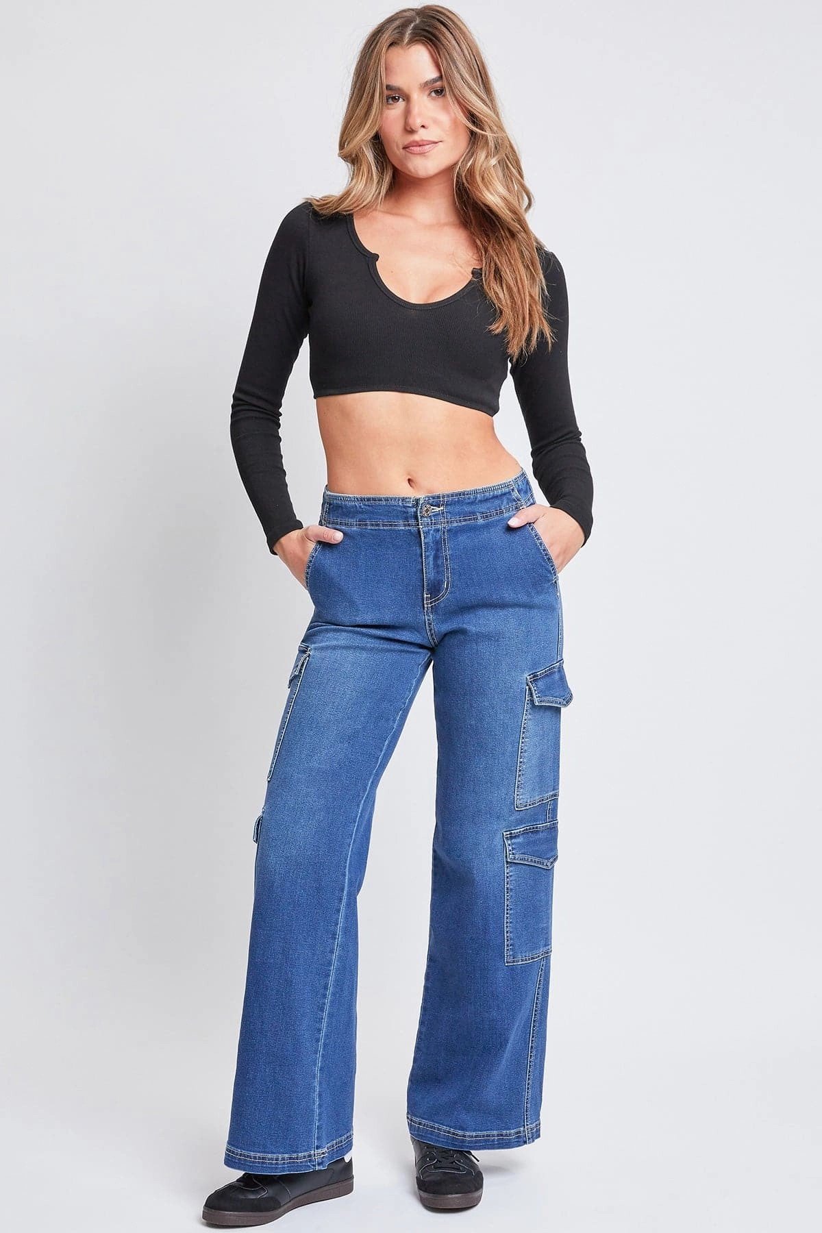 Women??s Wide Leg Double Cargo Jeans Button Fly Closure Light Fabric