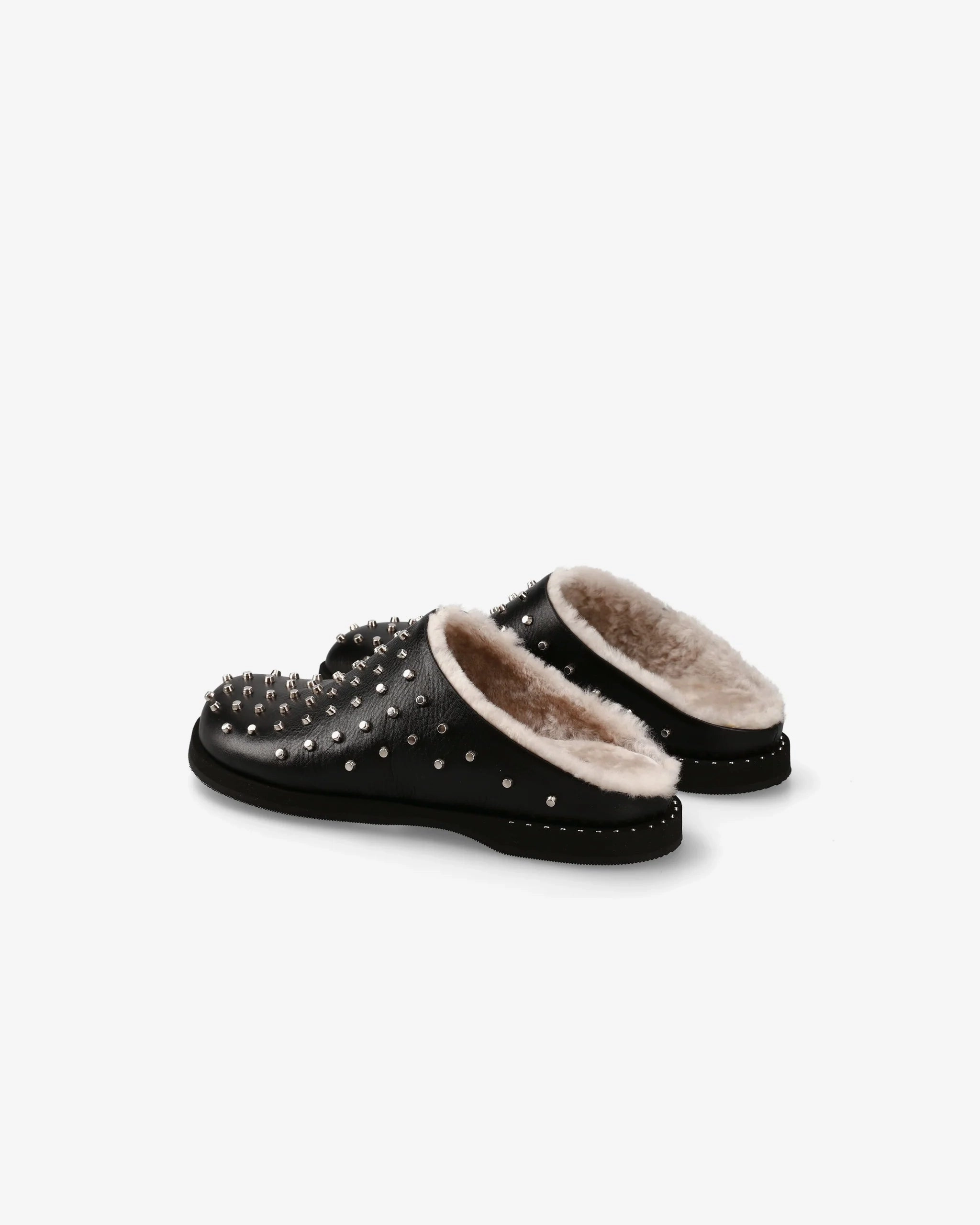 Slippers in Sheepskin and Black Leather wedge sandals