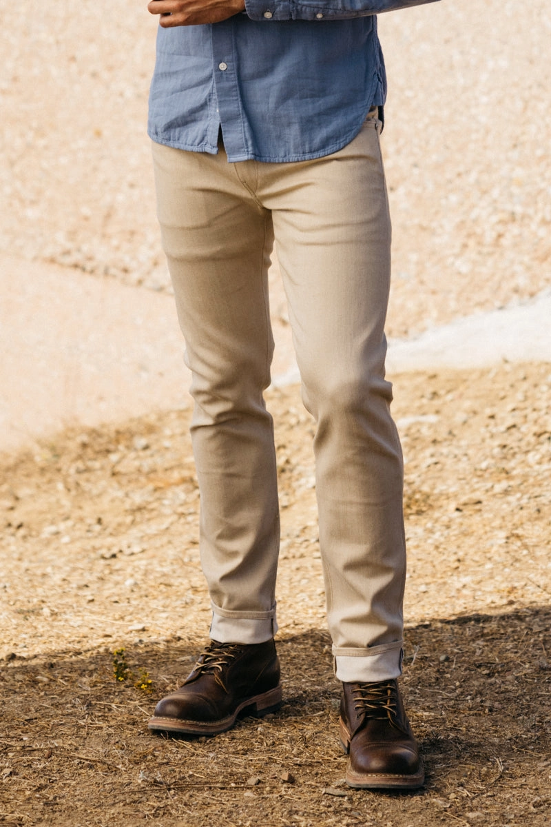 The Pen Slim - Beige Raw 10.5oz Selvedge Weekend Style Smooth Softened Seams