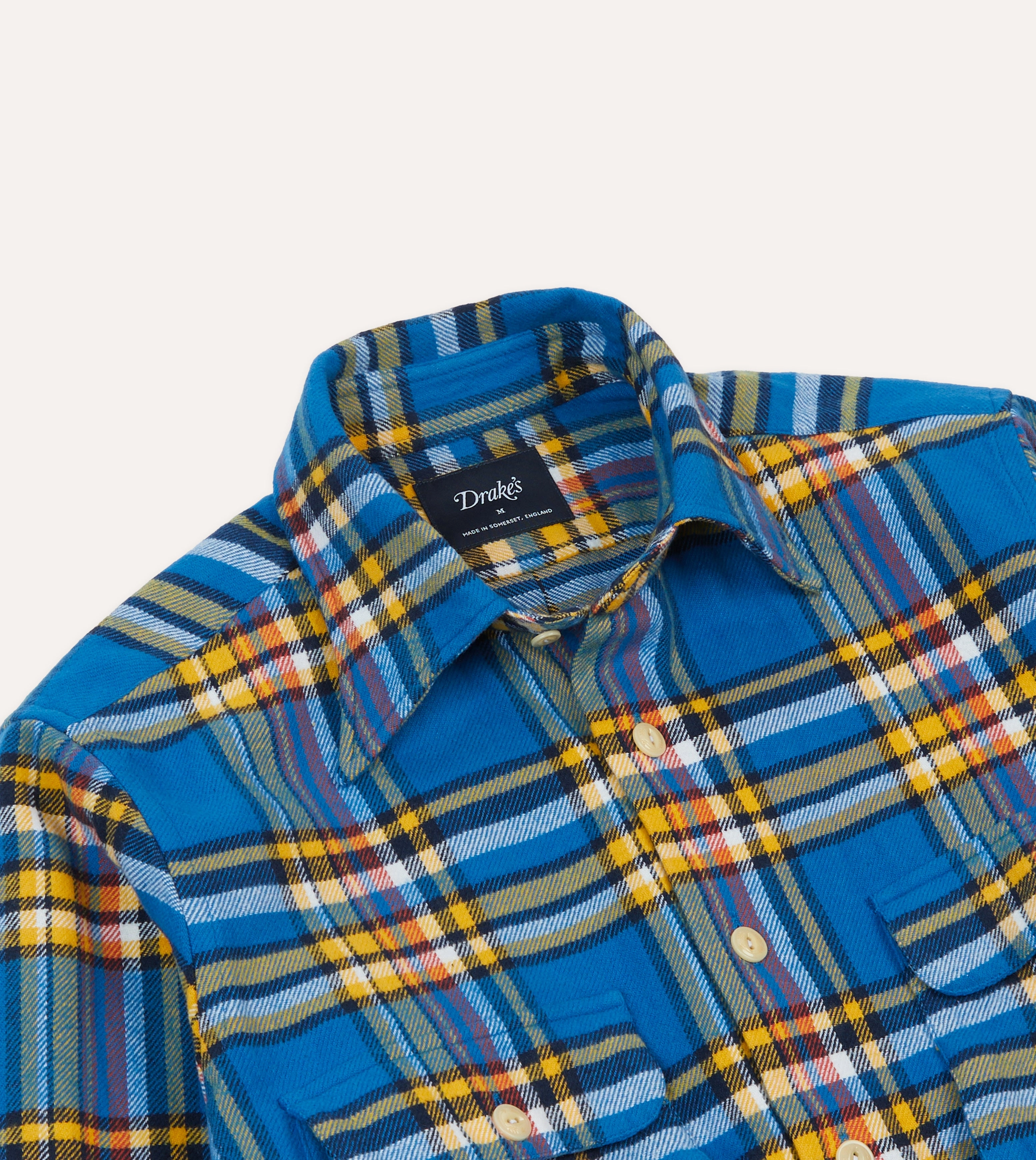 Blue and Yellow Check Brushed Cotton Two-Pocket Work Shirt Daytime Look