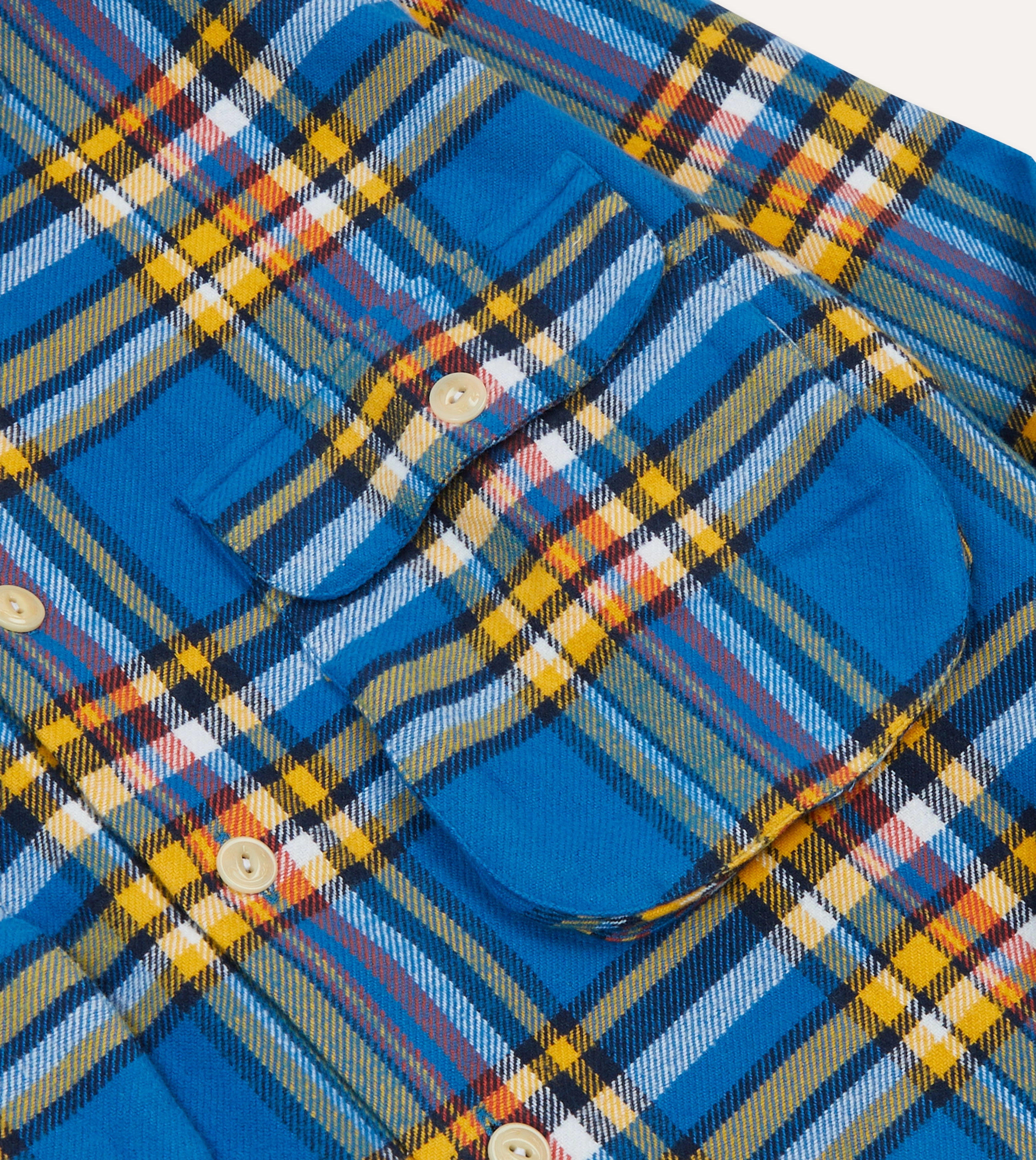 Blue and Yellow Check Brushed Cotton Two-Pocket Work Shirt Smooth Zipper Design