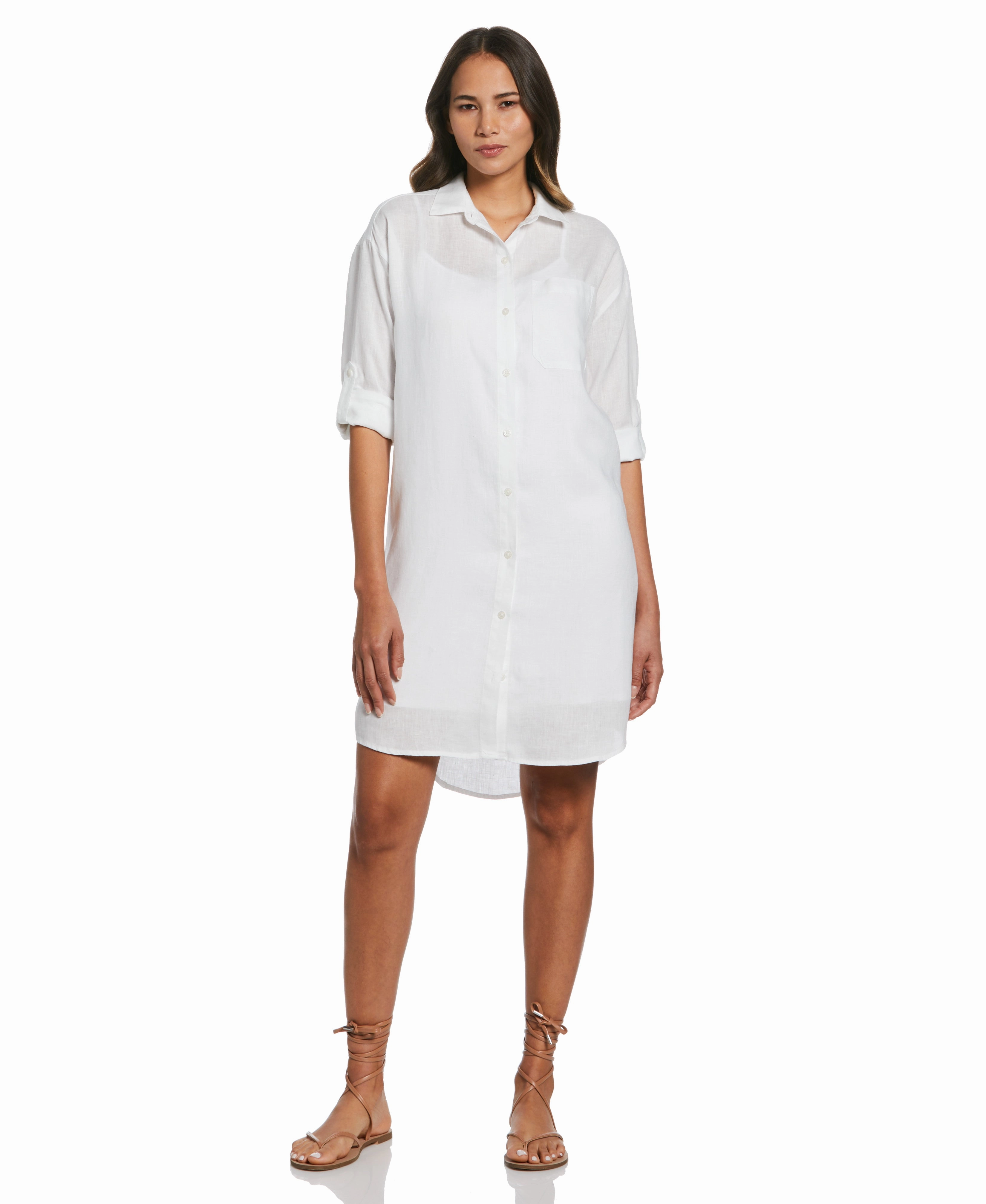 Comfy Stretch Design Odor Control Technology Roll Sleeve Linen Shirt Dress