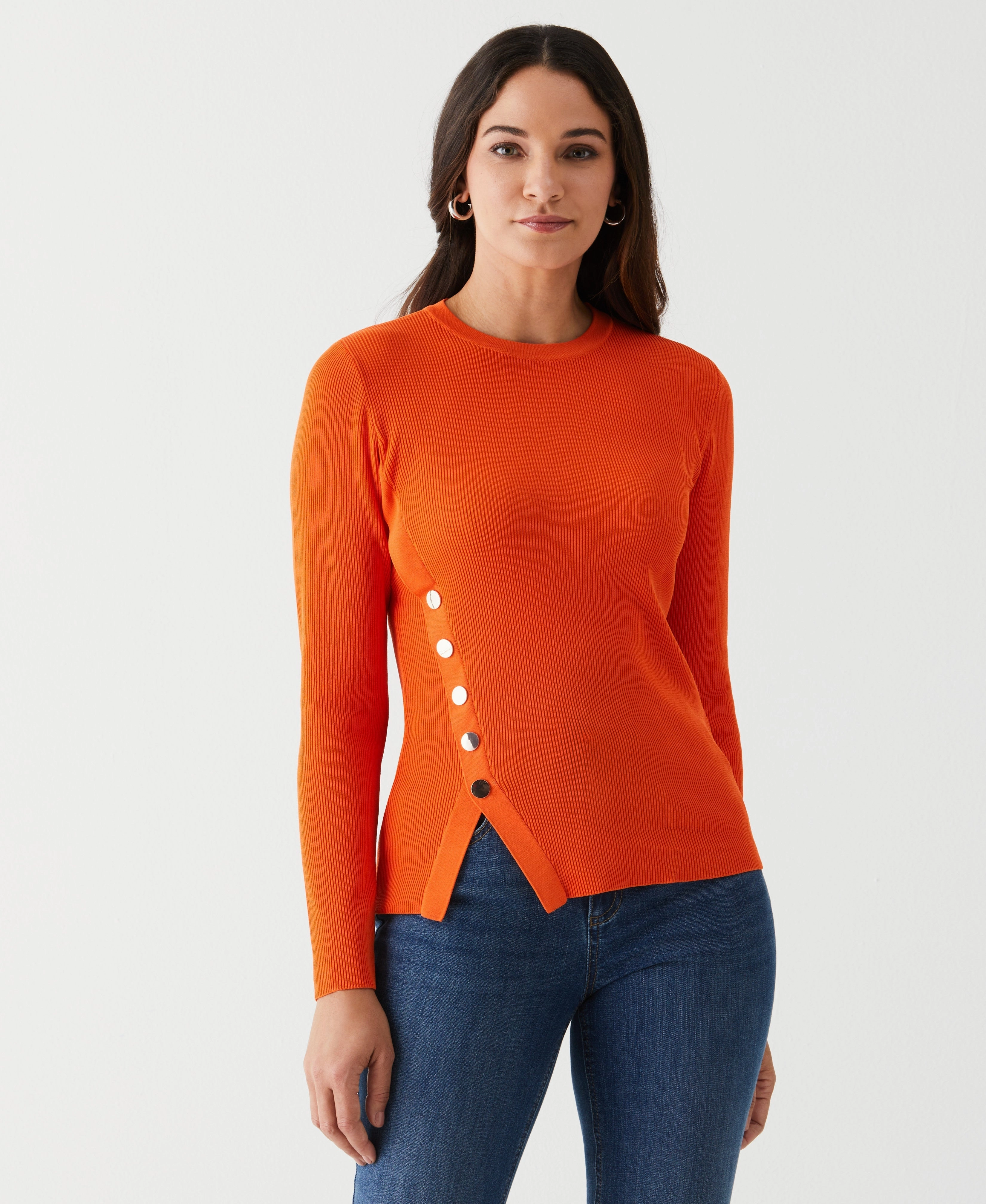 Ribbed Hem Adaptive Fit Silhouette Asymmetrical Sweater with Snaps