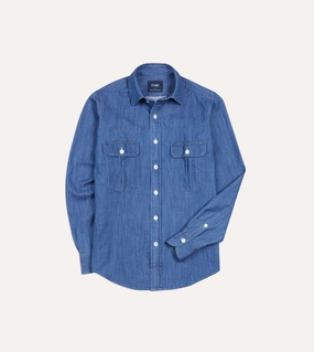 Mid-Blue Washed Denim Cotton Two-Pocket Work Shirt All Day Comfort Tech Subtle patterns