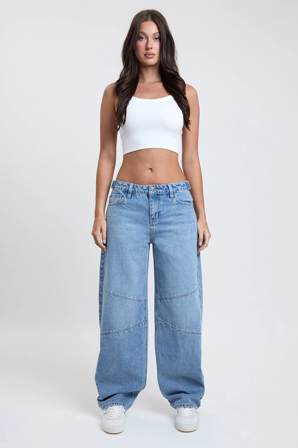 Women's Moto Relaxed Rise Baggy Barrel Jeans with Seam Detail Neutral Style Fashion Piece