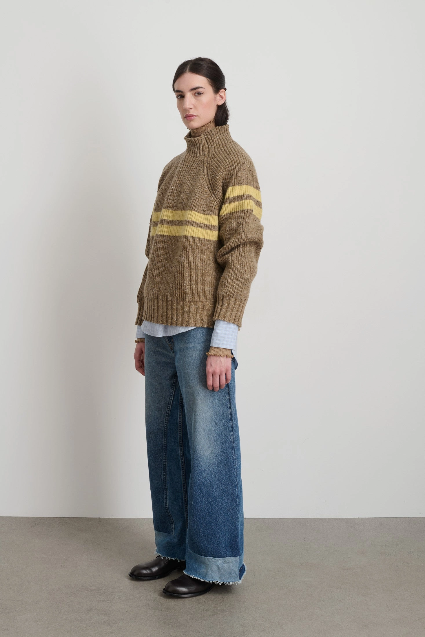 Sleek Comfort Funnel Neck Camel   Celery Donegal