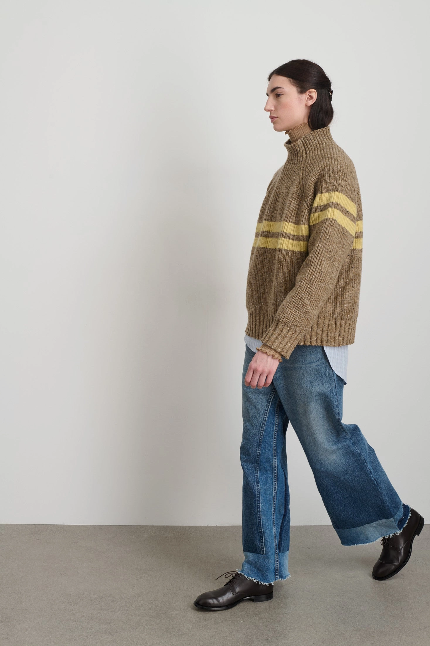 Funnel Neck Camel   Celery Donegal Knitted Layer Soft Knit