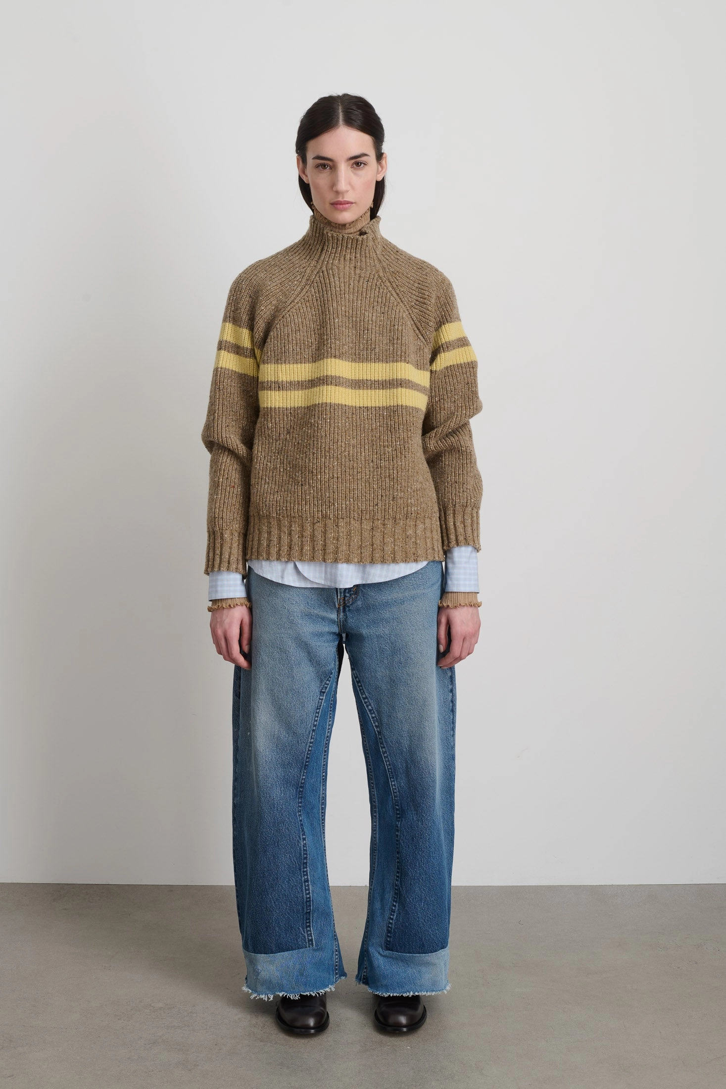 Comfy Knit Look Funnel Neck Camel   Celery Donegal