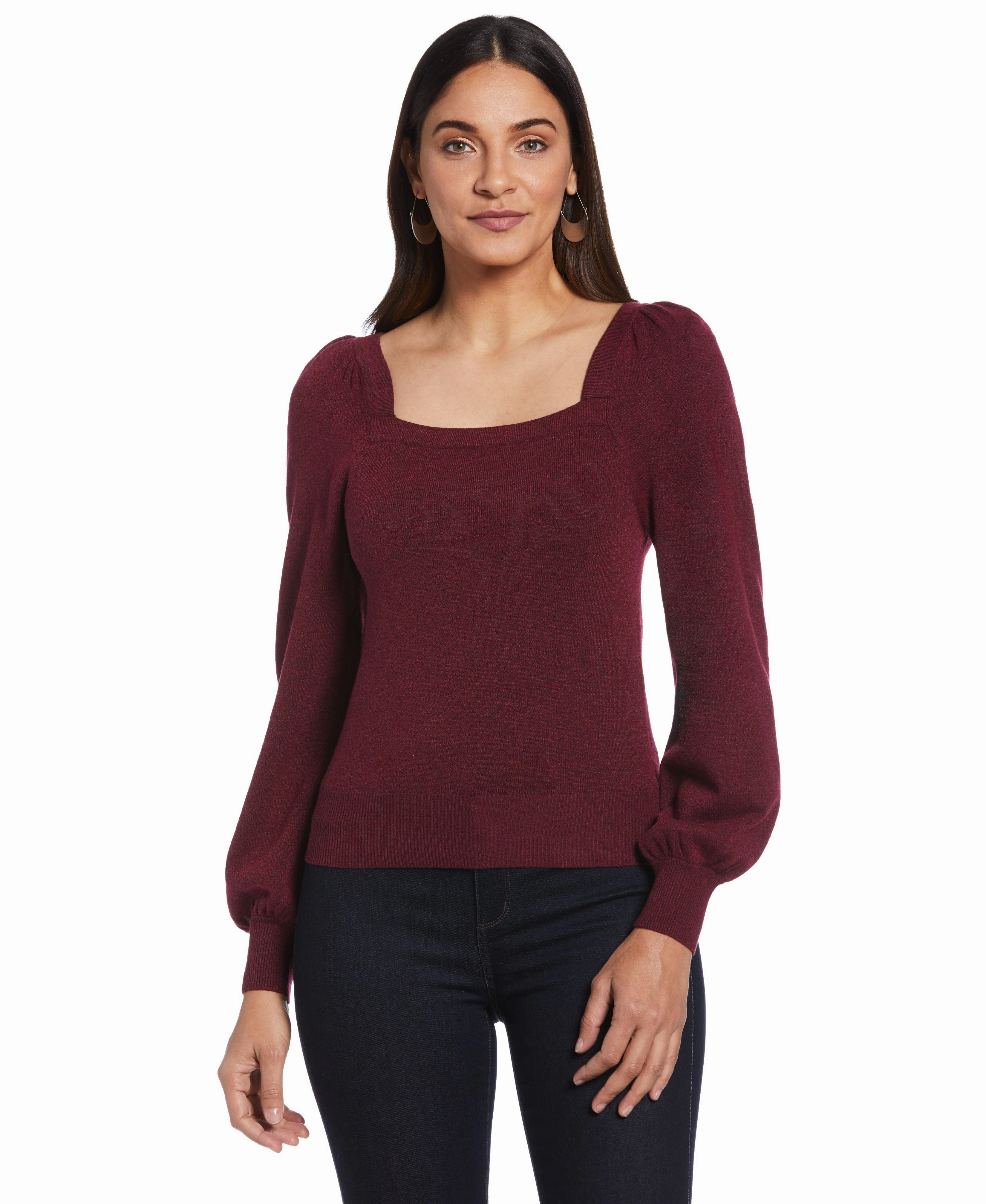 Stretch Fit Square Neck Puff Sleeve Sweater