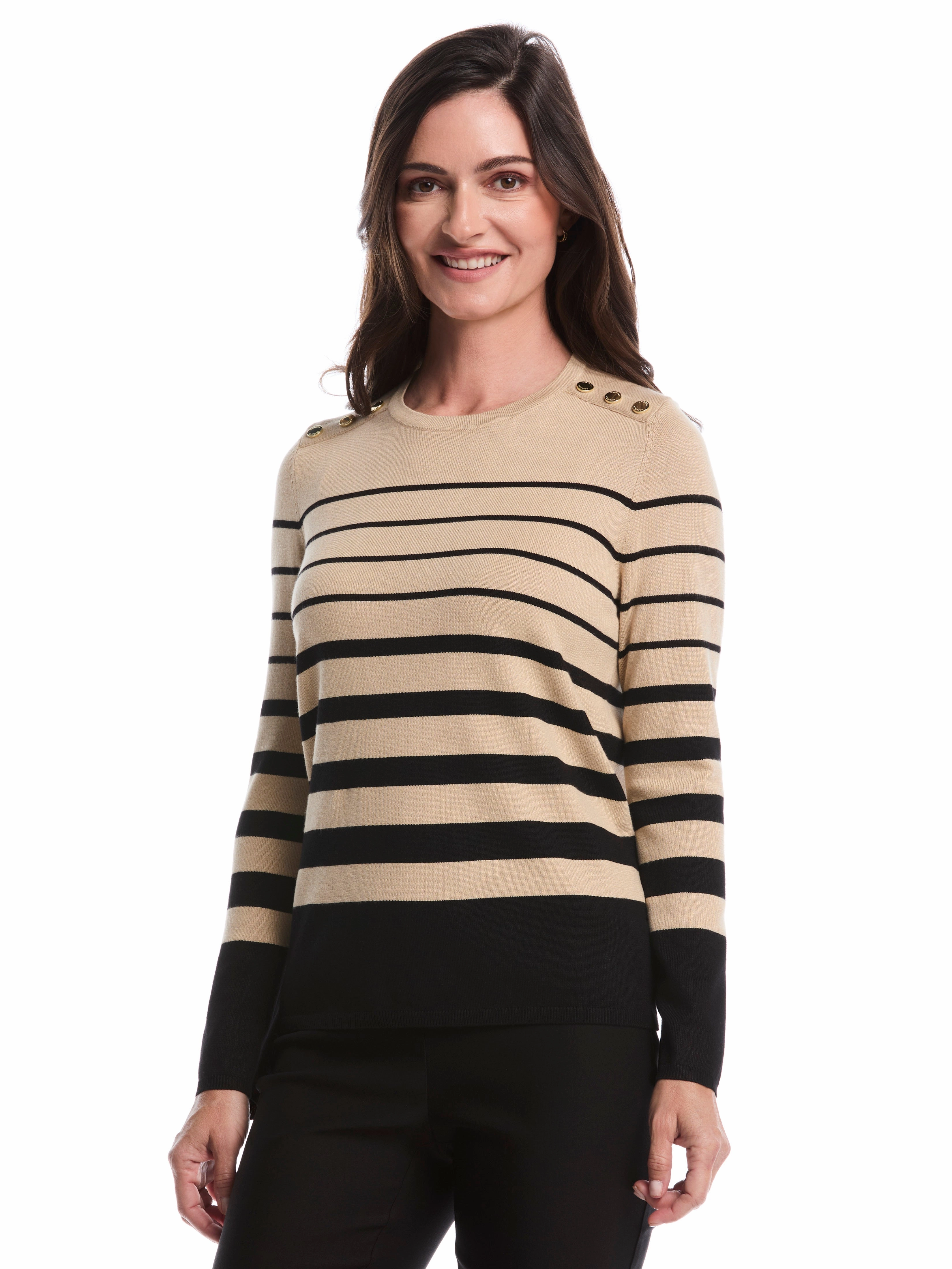 Yarn Dyed Fabric Roomy Comfort Striped Print Rivet Detail Sweater